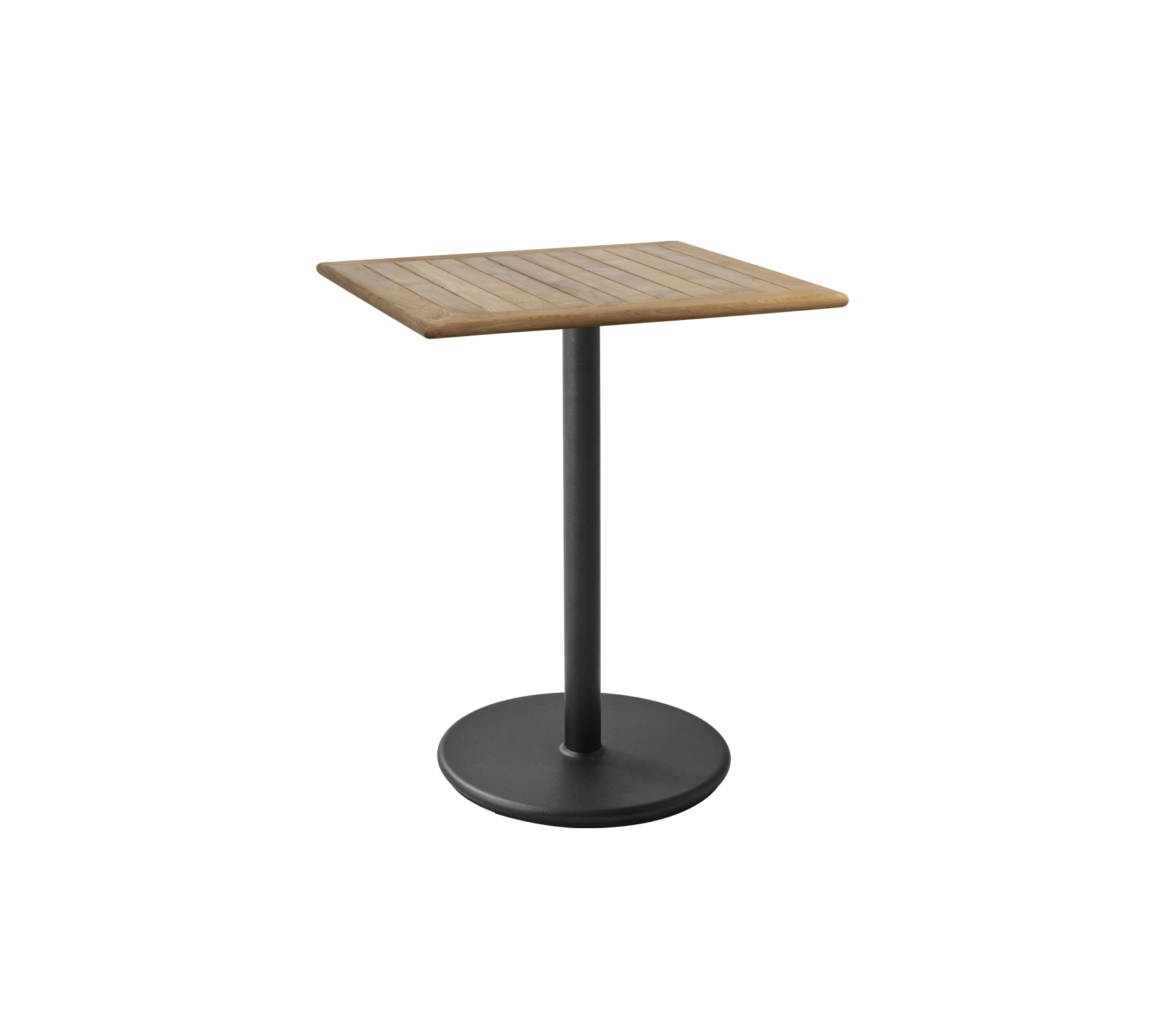 Firkantet bord med en lamellert treplate og en slank svart pedestalbase, ideelt for ulike omgivelser og stiler.