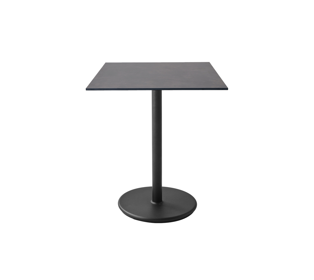 Firkantet bord med en glatt overflate og en stabil rund base, designet for moderne rom og allsidig bruk.