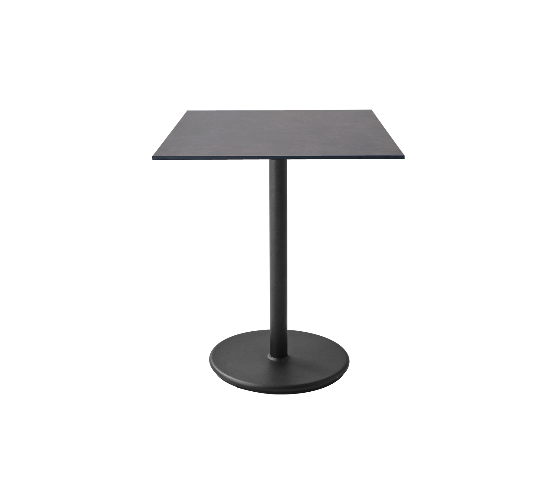 Firkantet bord med en glatt overflate og en stabil rund base, designet for moderne rom og allsidig bruk.