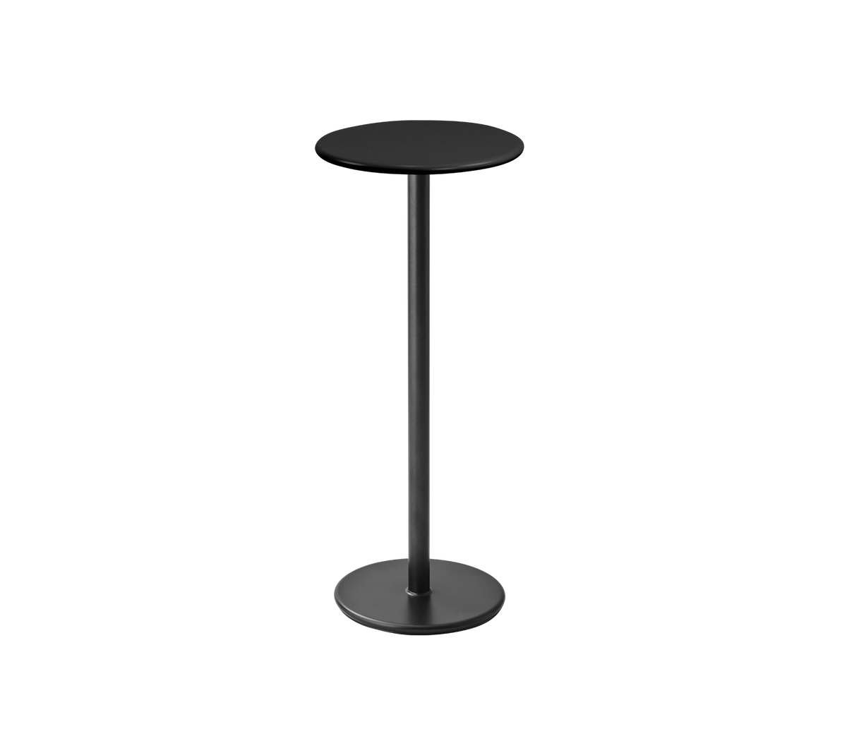 Et elegant, moderne rundt bord med svart topp og slank svart sokkel, ideelt for uformell spising eller drinker.