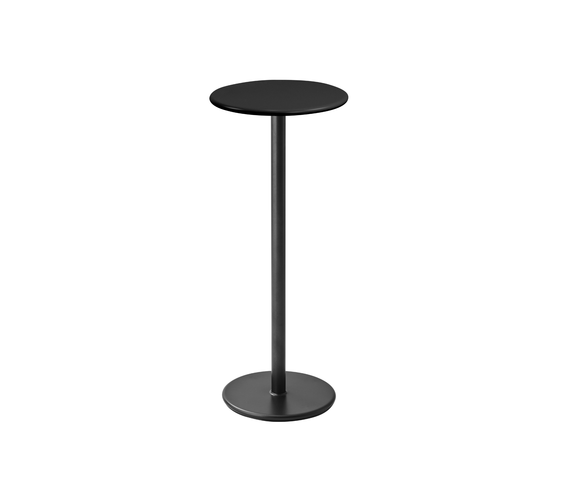 Et elegant, moderne rundt bord med svart topp og slank svart sokkel, ideelt for uformell spising eller drinker.