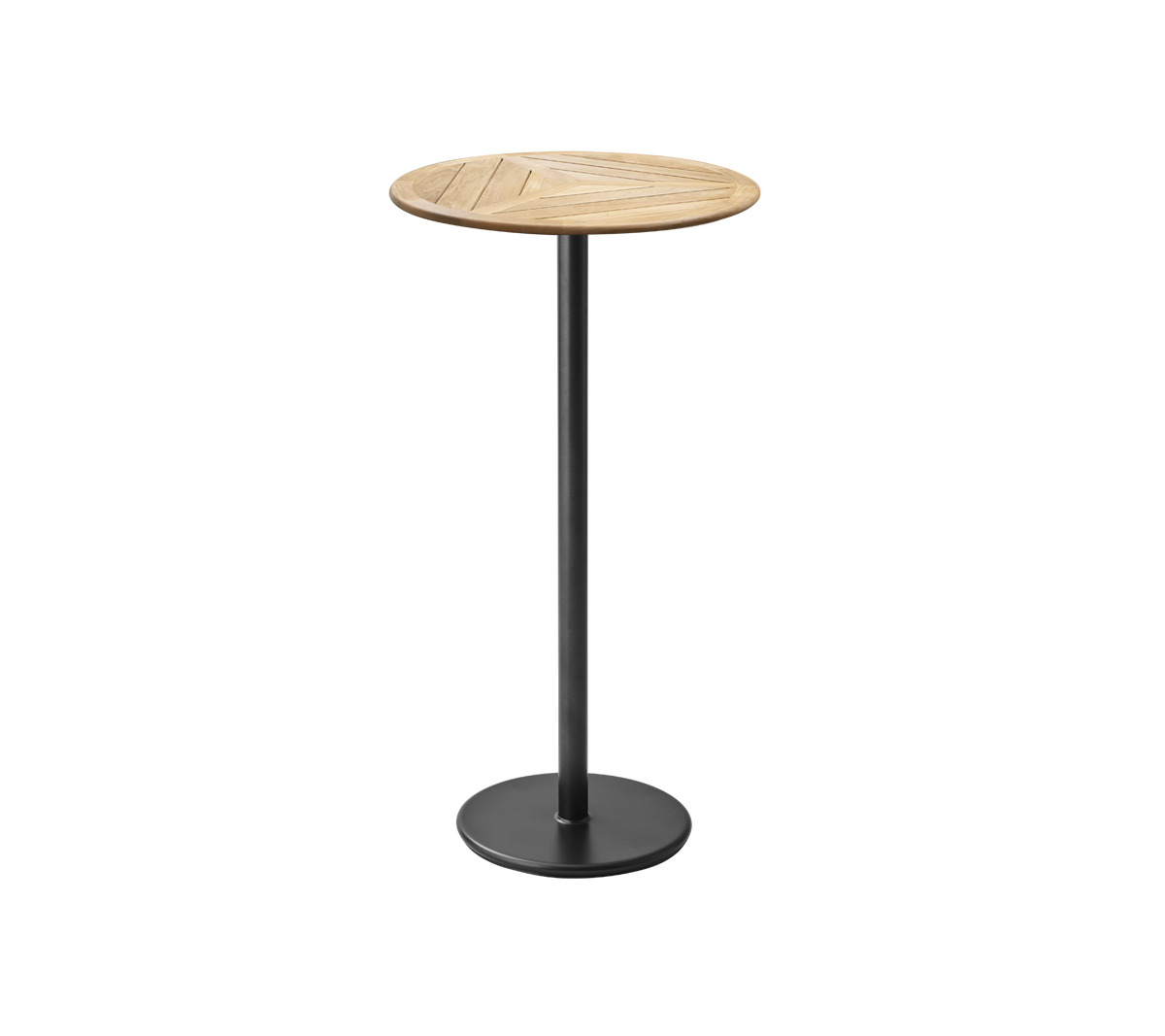 Stilig, rund bistrobord med en sleek svart base, perfekt for uformelle sammenkomster eller som et moderne dekorativt element.