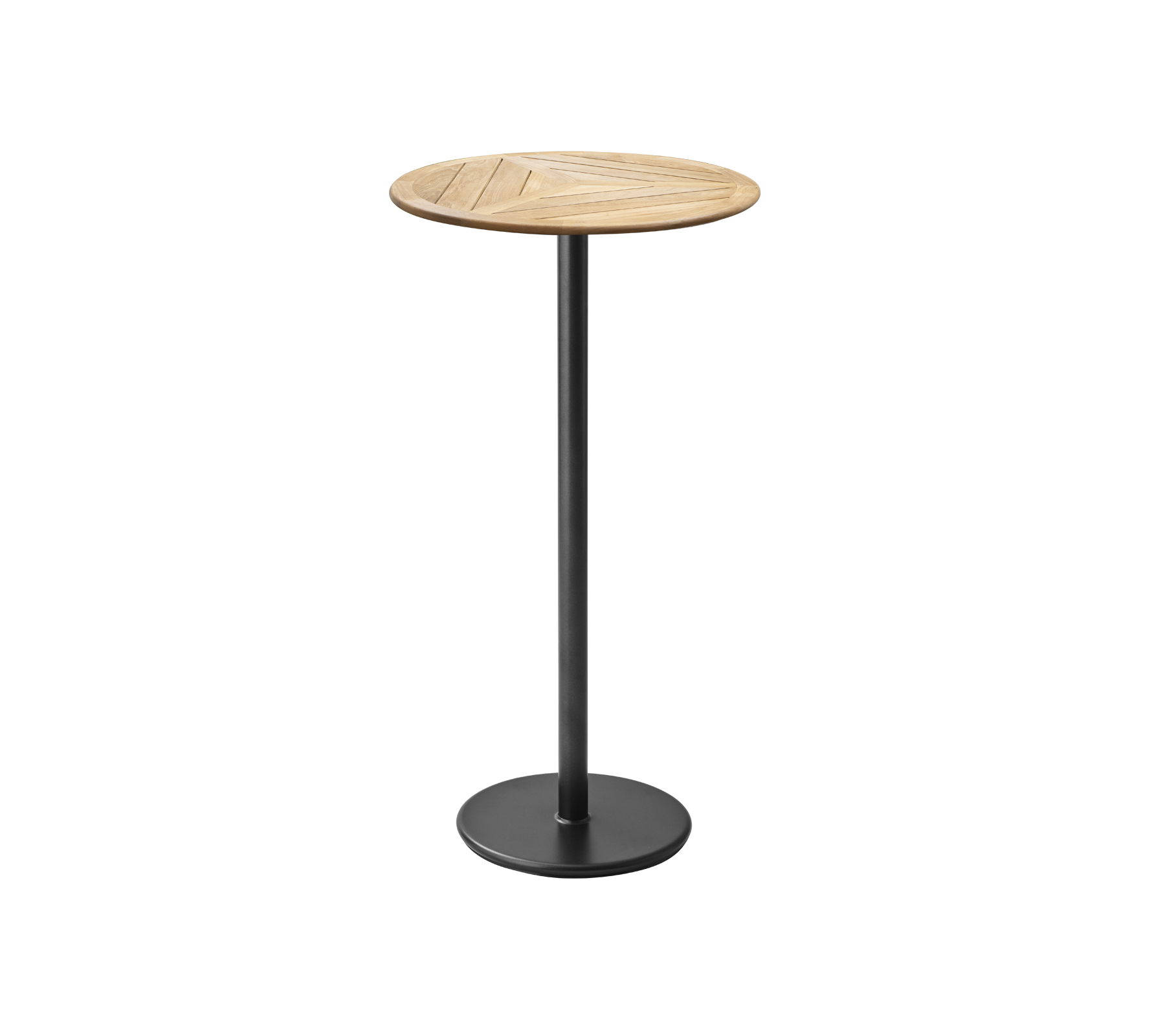 Stilig, rund bistrobord med en sleek svart base, perfekt for uformelle sammenkomster eller som et moderne dekorativt element.