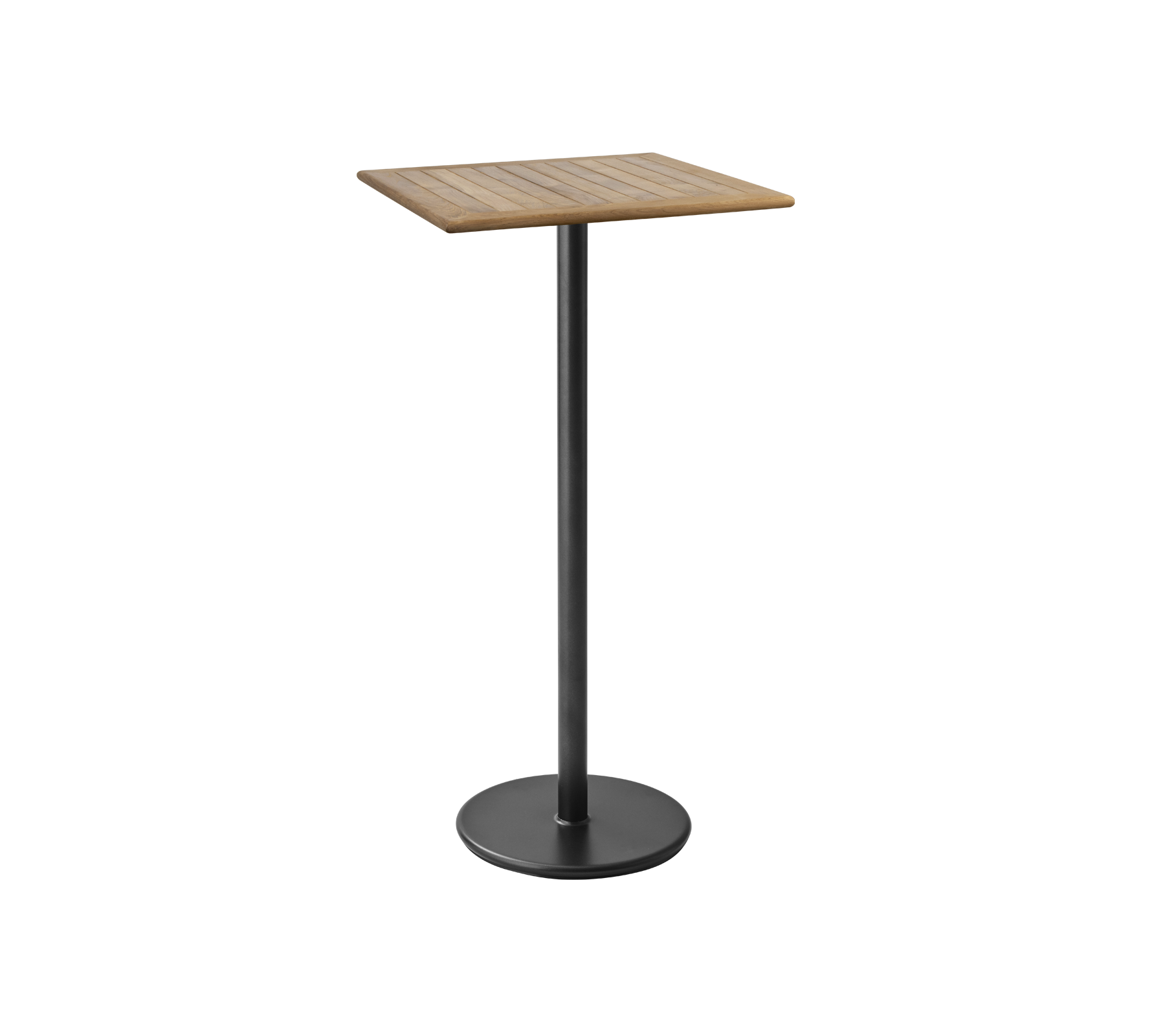 Et elegant, moderne bord med en kvadratisk treskive og en solid svart metallbase, perfekt for uformell middag eller drikke.