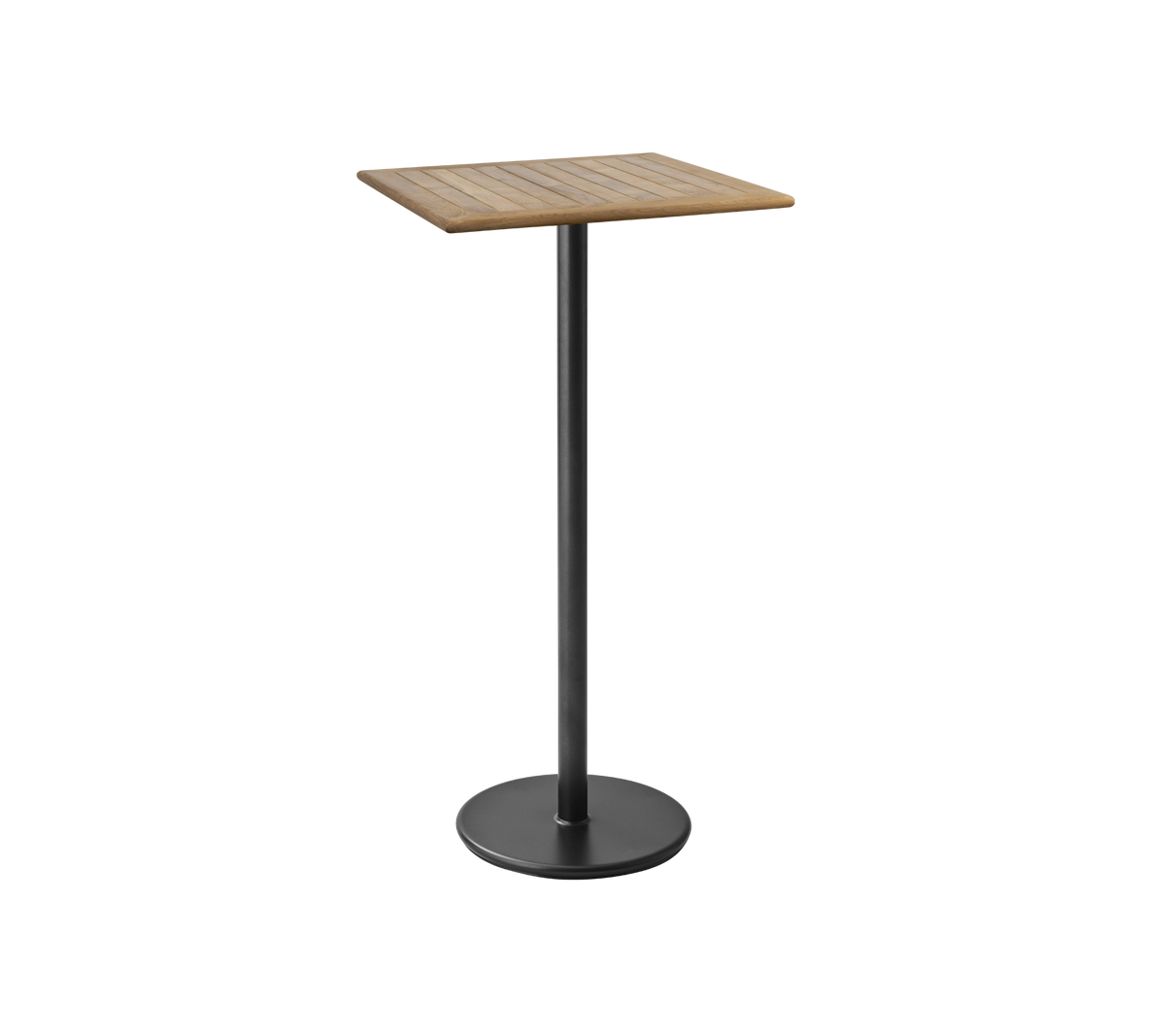 Et elegant, moderne bord med en kvadratisk treskive og en solid svart metallbase, perfekt for uformell middag eller drikke.