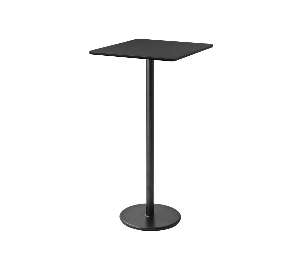 Svart, moderne piedestaltabell med firkantet topp og solid, rund base, ideell for uformell spising eller sammenkomster.