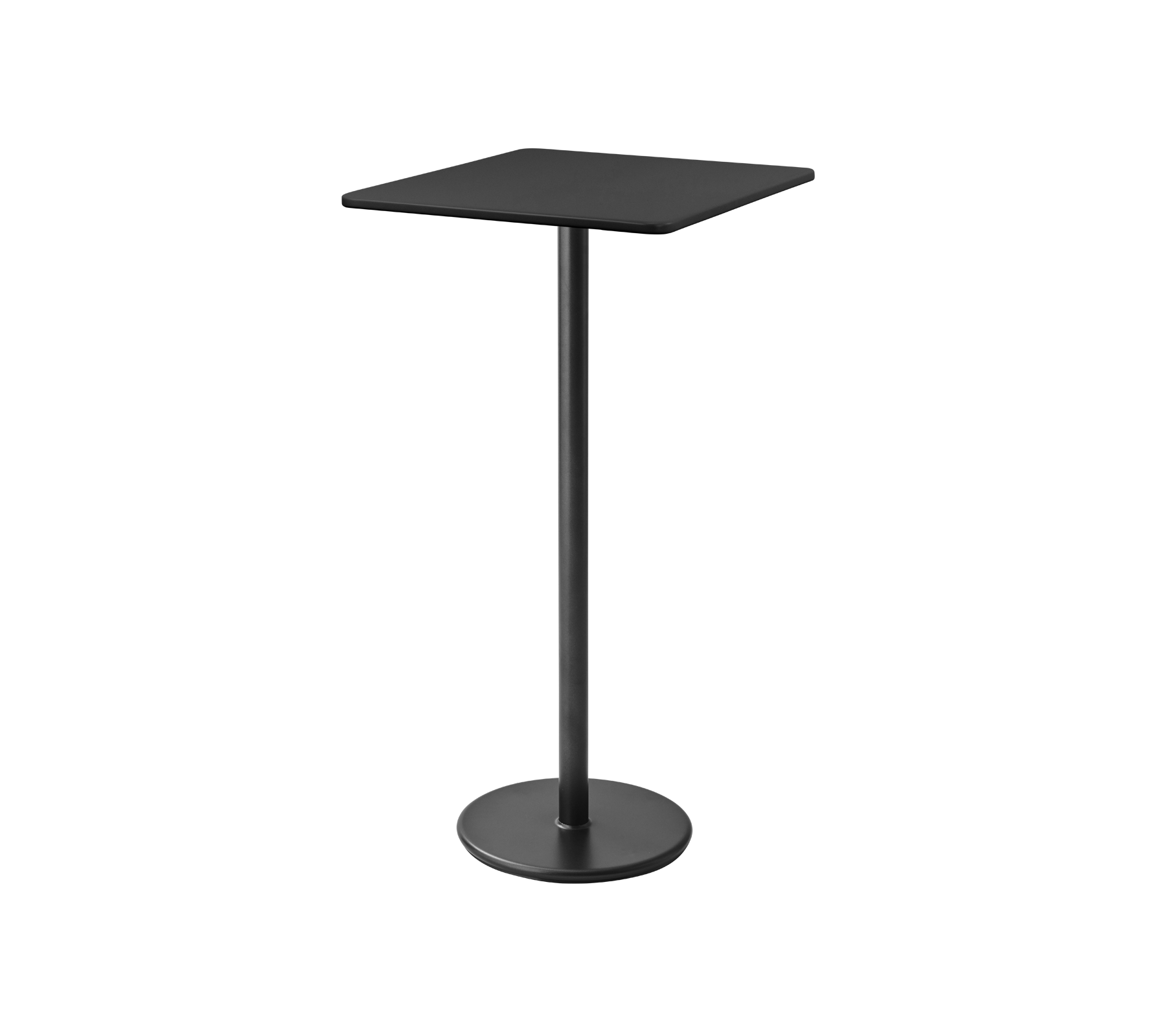 Svart, moderne piedestaltabell med firkantet topp og solid, rund base, ideell for uformell spising eller sammenkomster.