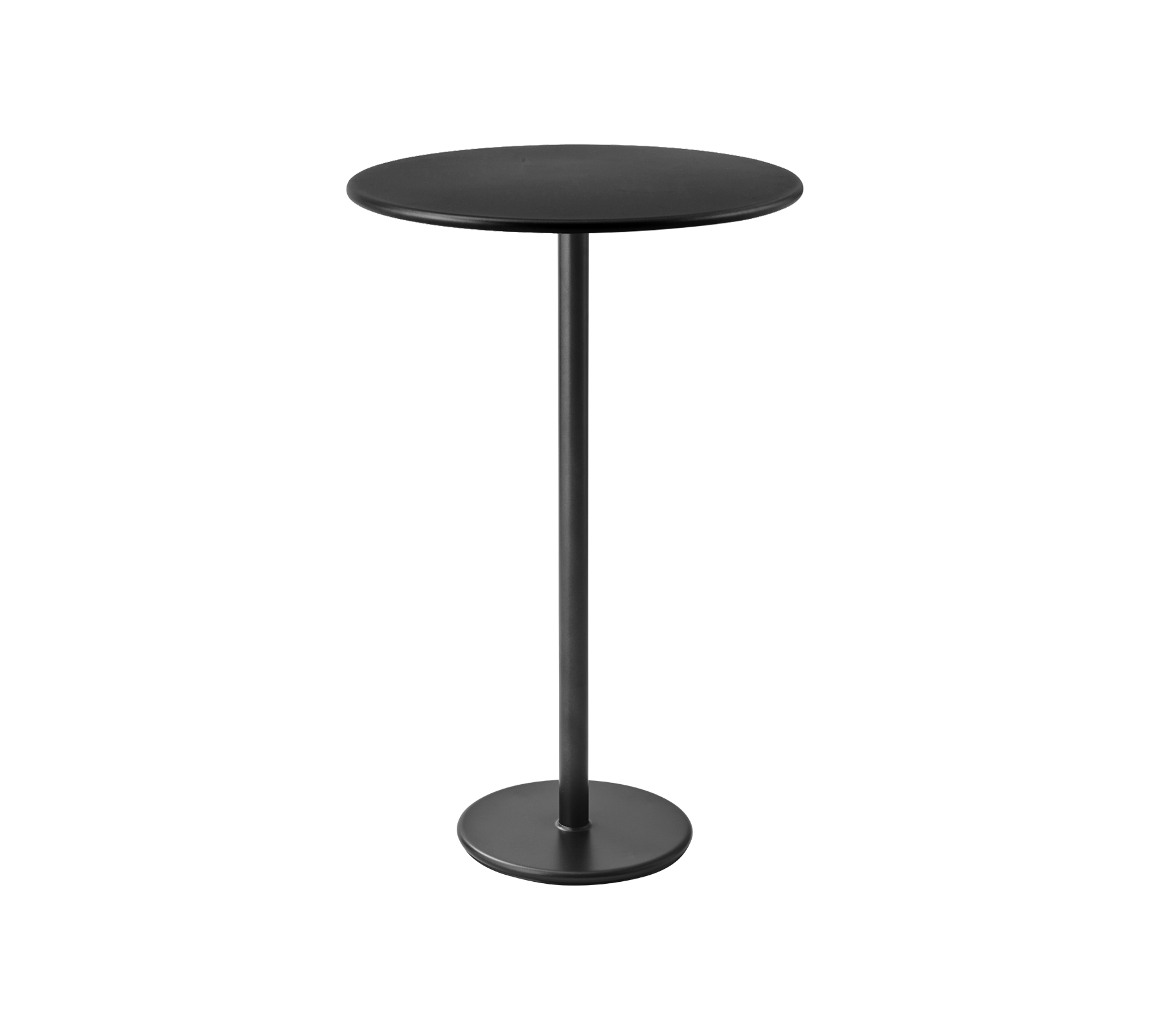 Sleek svart barbord med rund topp og en solid sirkulær base, perfekt for stilige innstillinger.