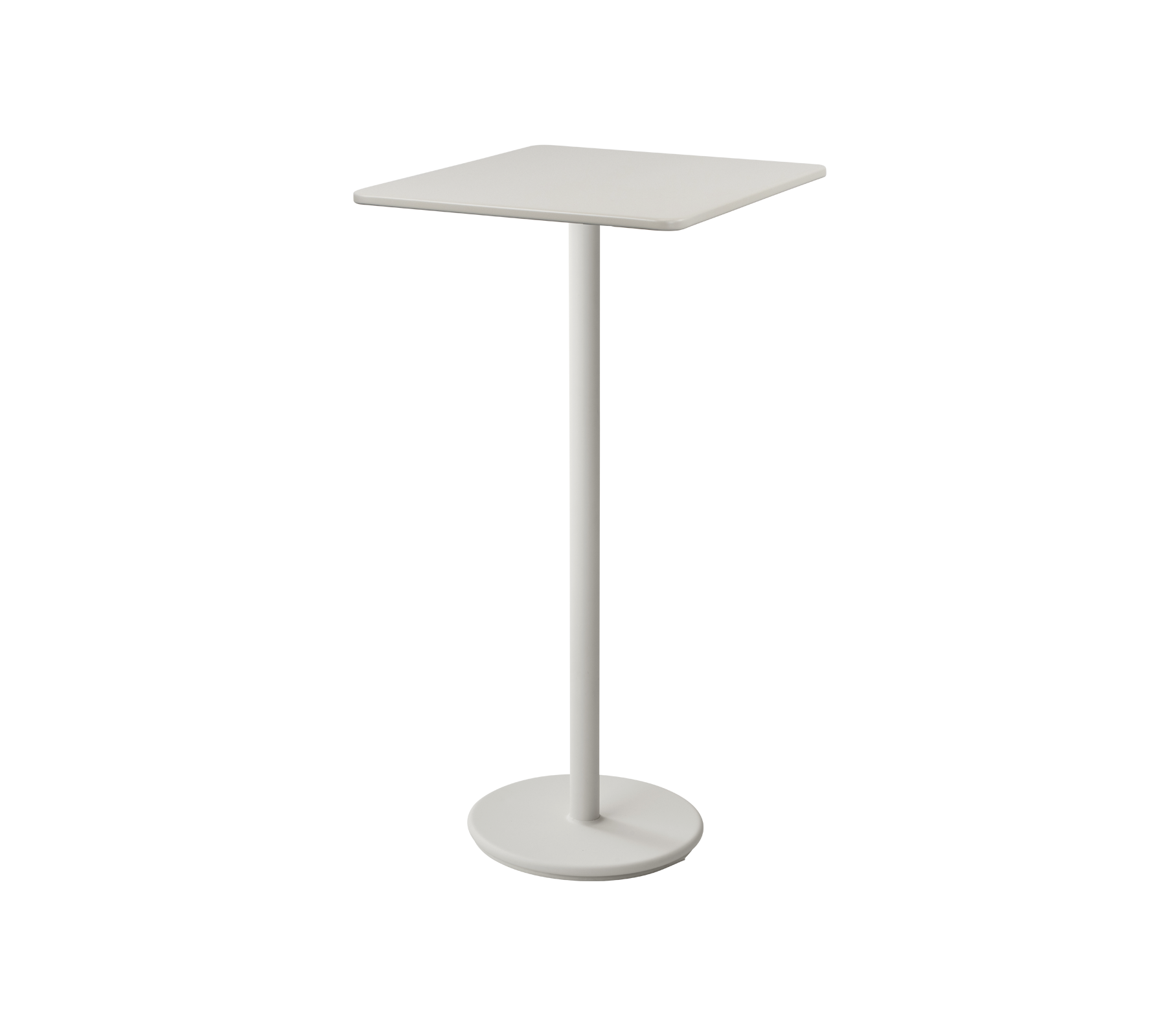 Minimalistisk hvit sidebord med kvadratisk topp og slank fotbase, ideell for smårom eller uformelle sitteområder.