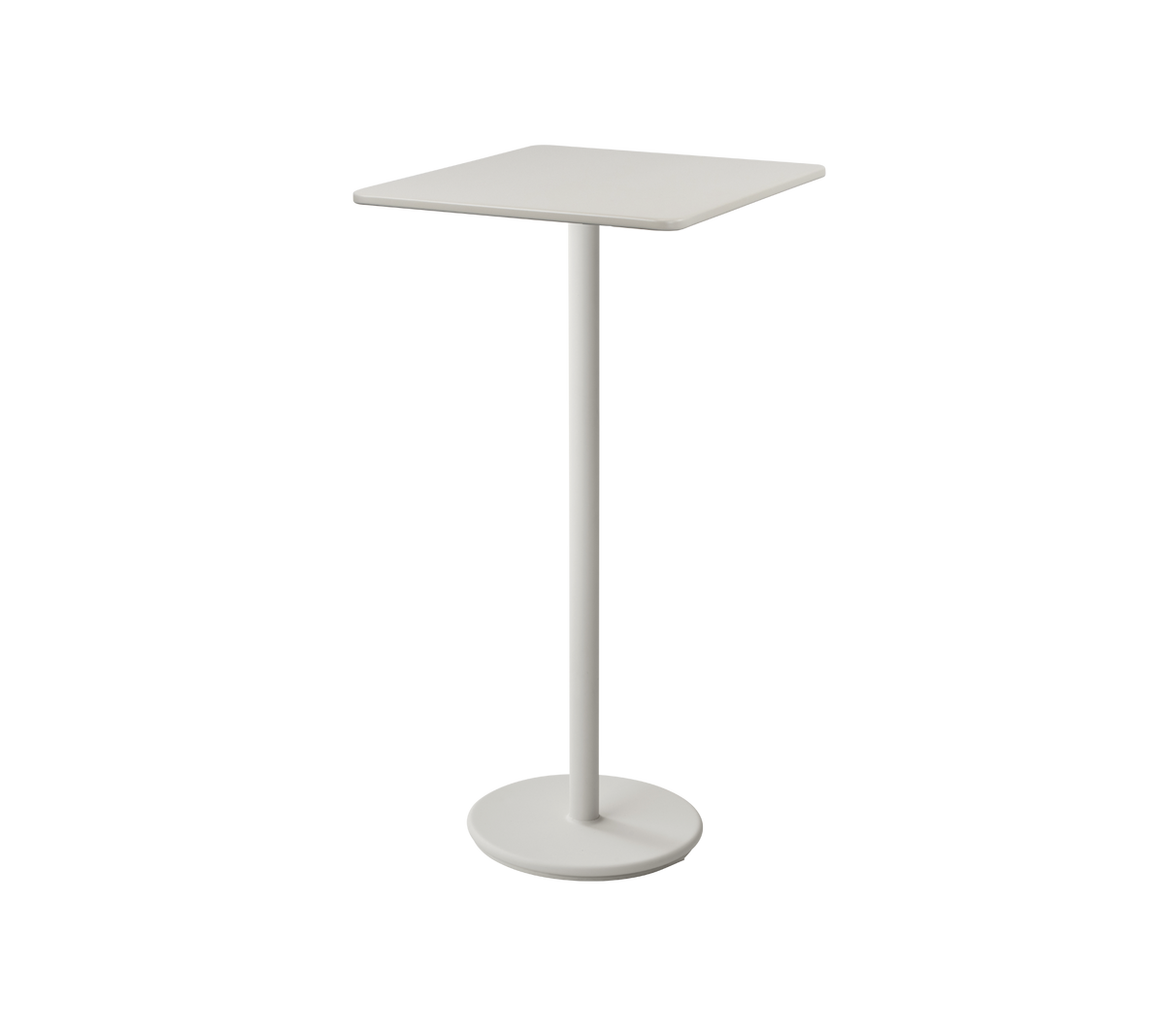 Minimalistisk hvit sidebord med kvadratisk topp og slank fotbase, ideell for smårom eller uformelle sitteområder.
