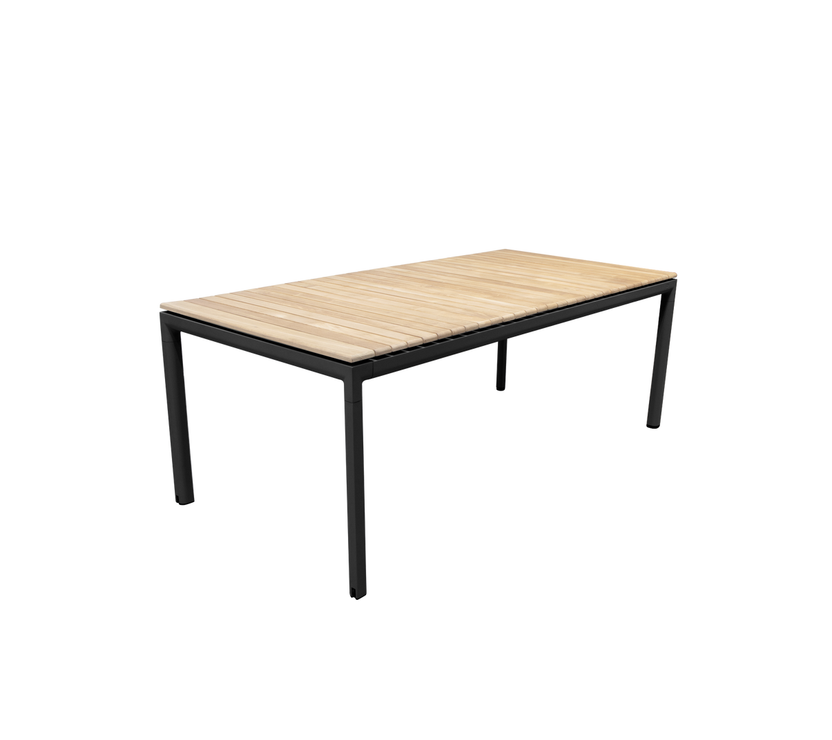 Et moderne bord med en slank svart metallramme og en lys treoverflate, designet for allsidig bruk.