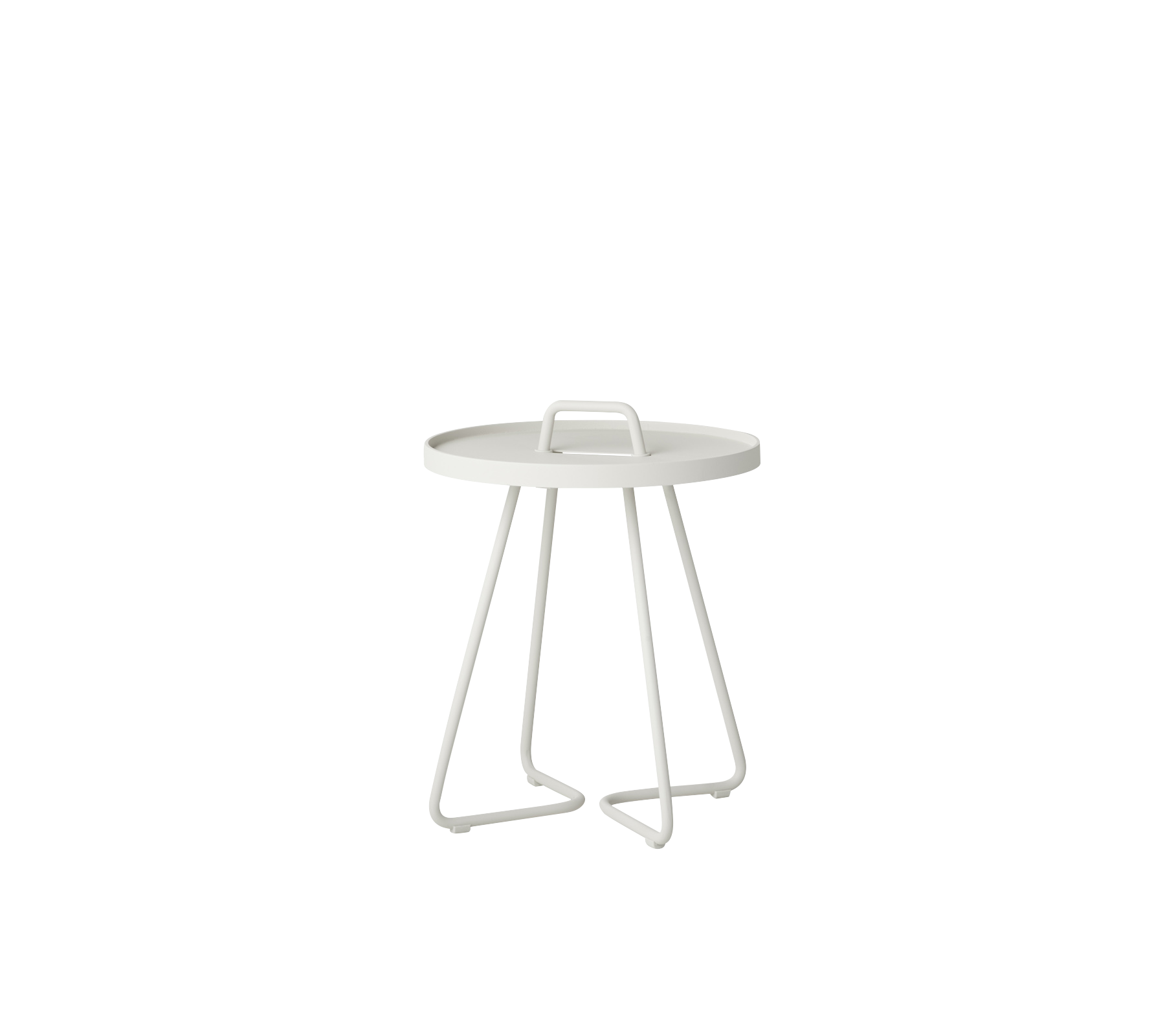 Moderne sirkulært sidebord med minimalistisk design og solide, vinklete ben i en ren hvit finish.