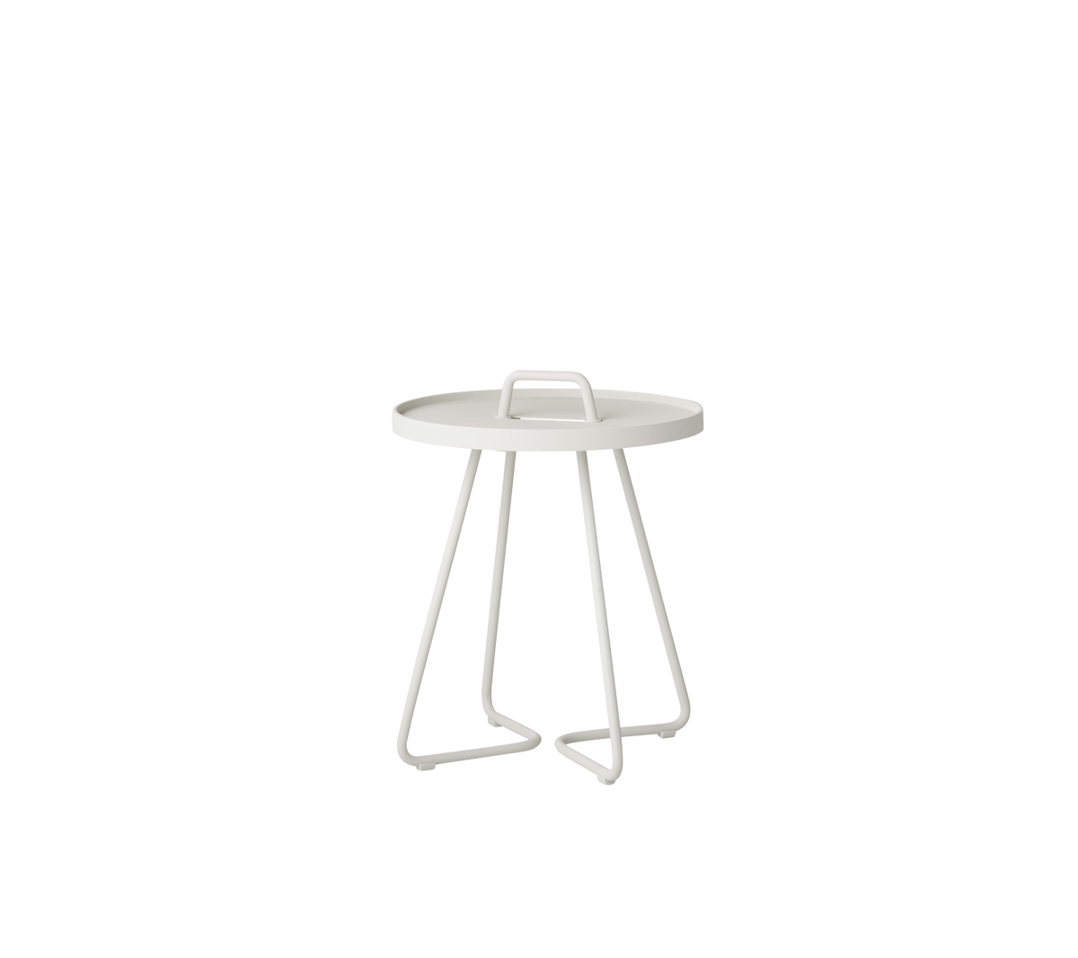 Moderne sirkulært sidebord med minimalistisk design og solide, vinklete ben i en ren hvit finish.