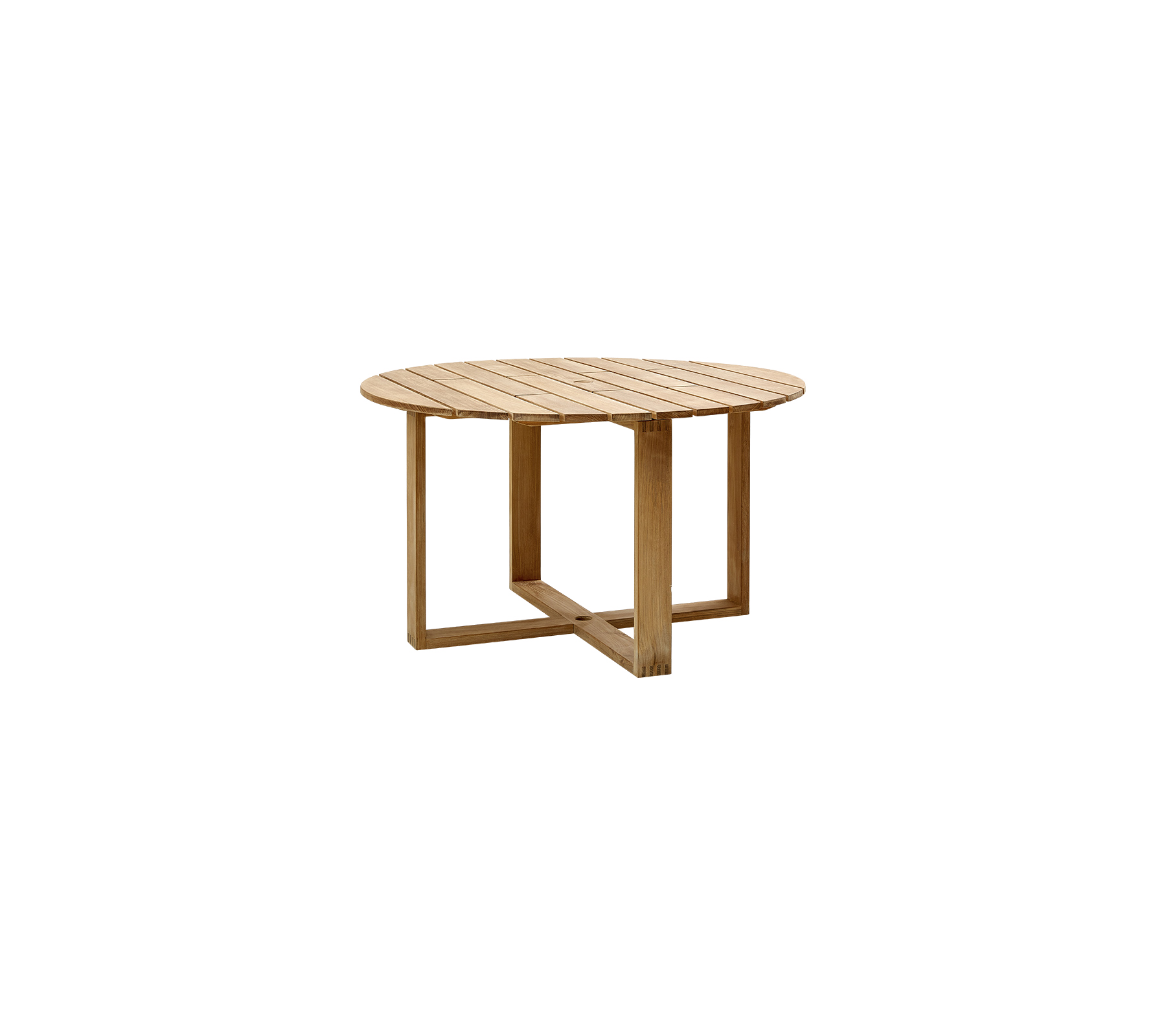 Rundt tre kaffebord med lamelloverflate og en unik geometrisk base, som viser en naturlig finish og moderne design.