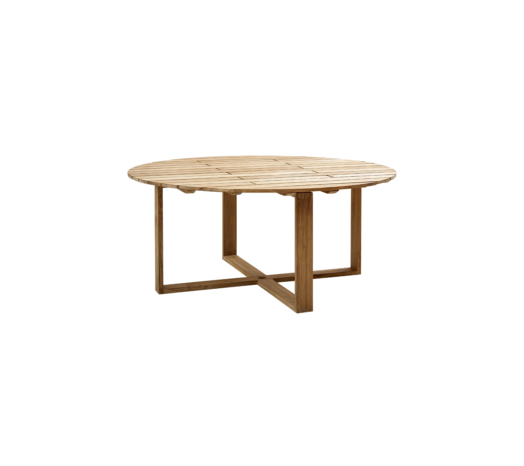 Rundt trebord med naturlig finish og en solid, kryssformet base, designet for allsidig bruk.
