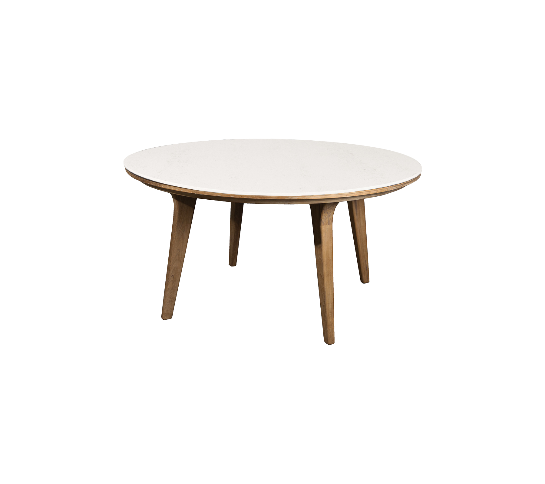 Rundt bord med en glatt hvit topp og treben, ideelt for middag eller uformelle sammenkomster. Elegant og moderne design.