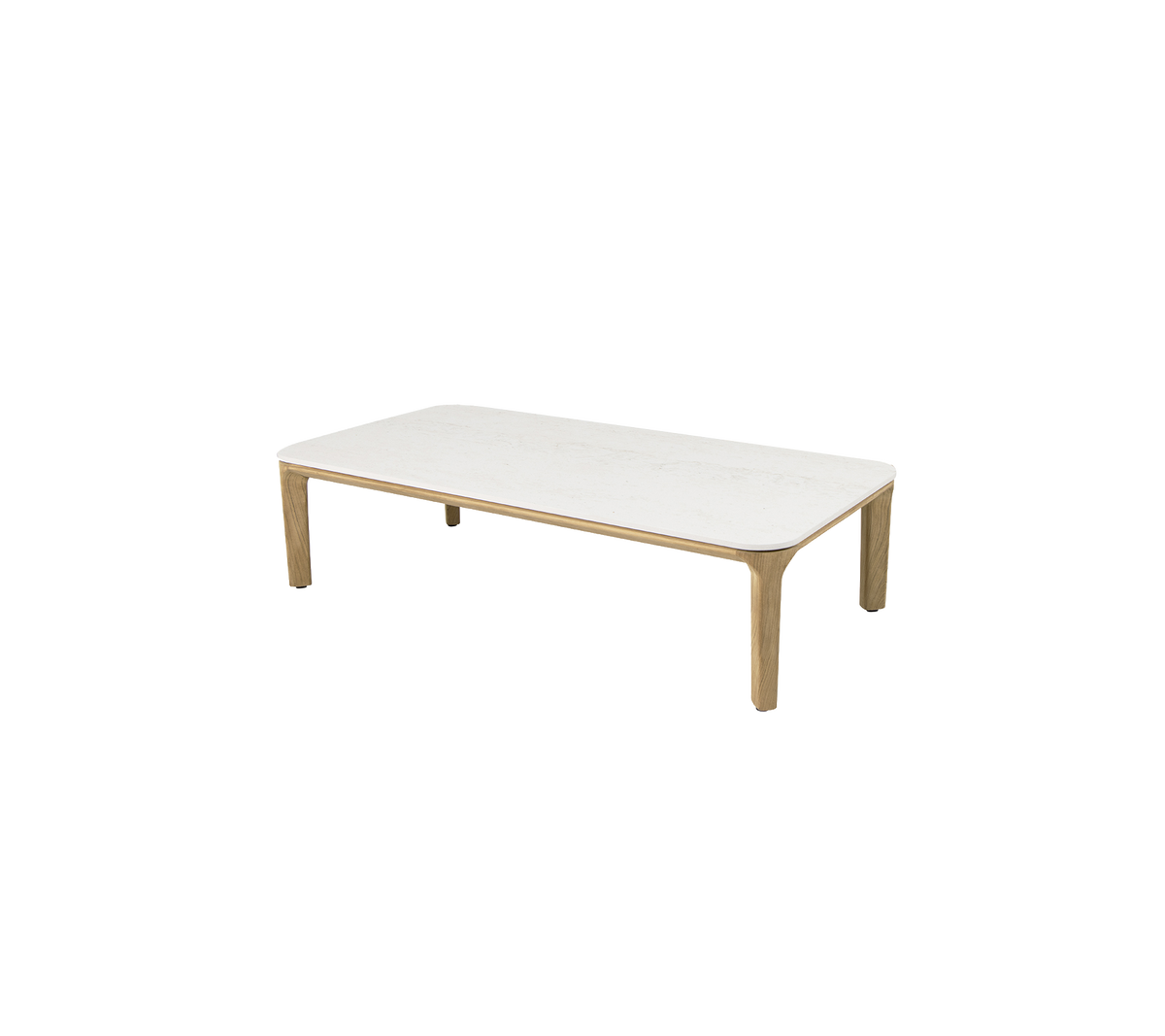Rektangulært kaffebord med en slank hvit overflate og ben av naturlig tre, ideelt for moderne stuer.