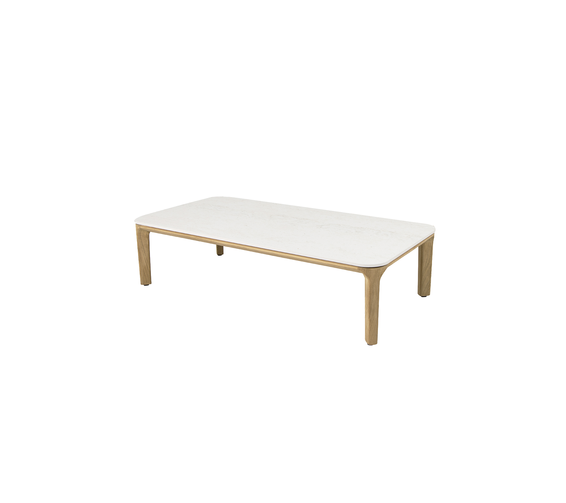 Rektangulært kaffebord med en slank hvit overflate og ben av naturlig tre, ideelt for moderne stuer.