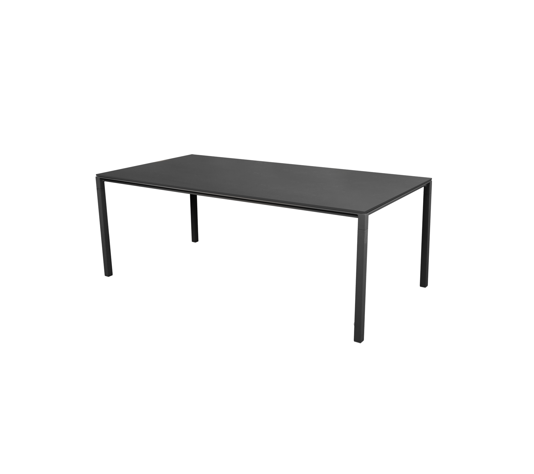 Et stilrent svart bord med minimalistisk design som har fire rette ben. Passer til ulike settinger og formål.