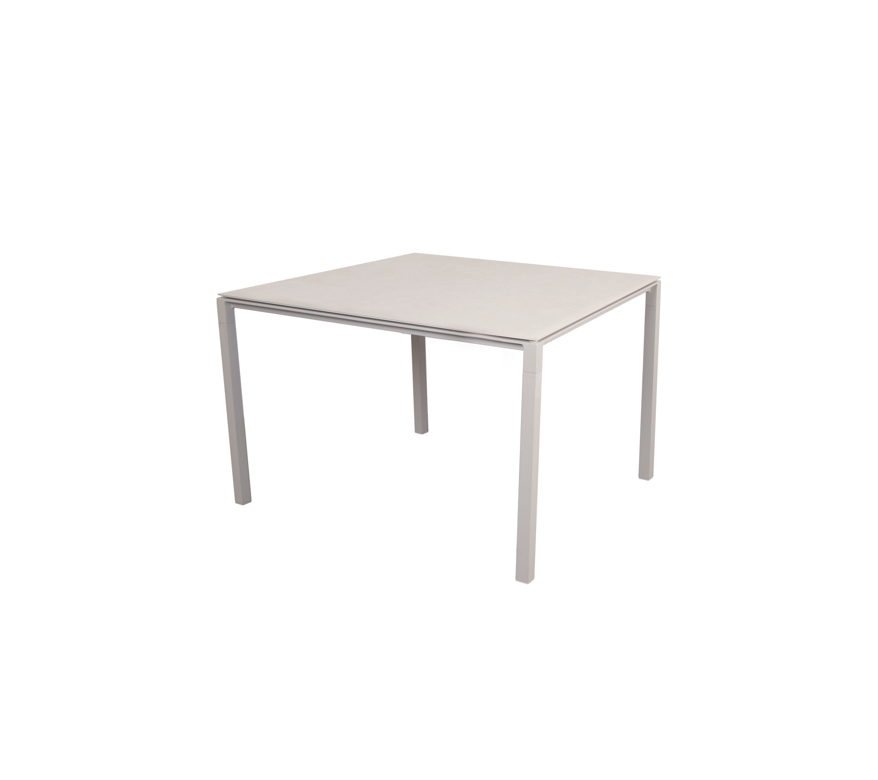 Firkantet bord med et slankt, minimalistisk design, med en flat overflate og fire stabile ben, egnet for ulike omgivelser.