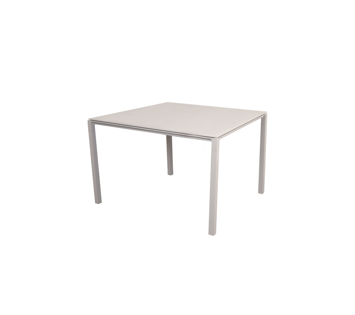 Firkantet bord med et slankt, minimalistisk design, med en flat overflate og fire stabile ben, egnet for ulike omgivelser.