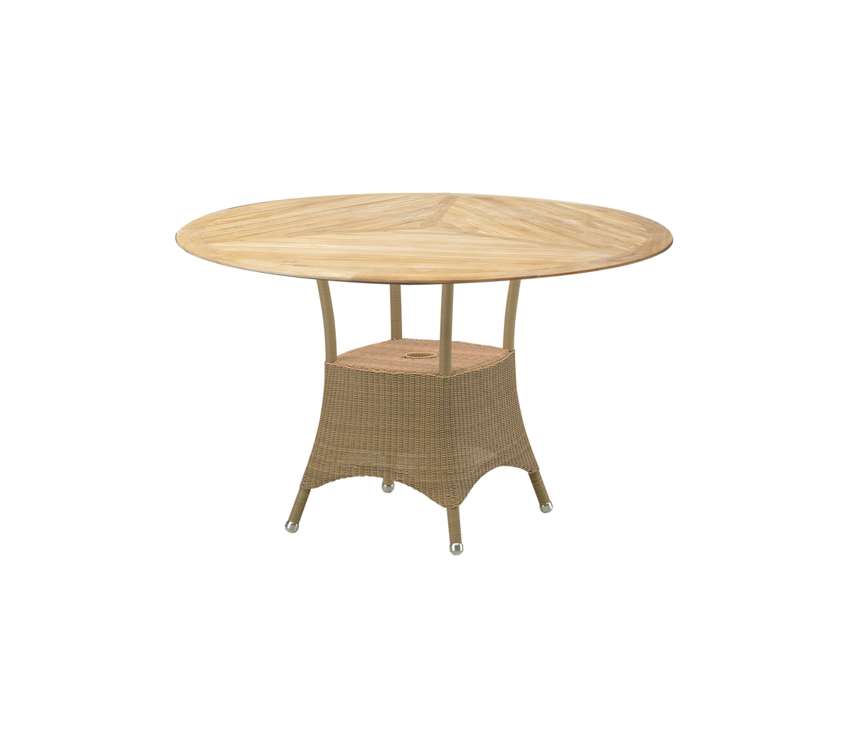 Rundt bord med en treske og et vevd underlag, designet for utendørs underholdning og måltider. Passer til livlige sammenkomster.
