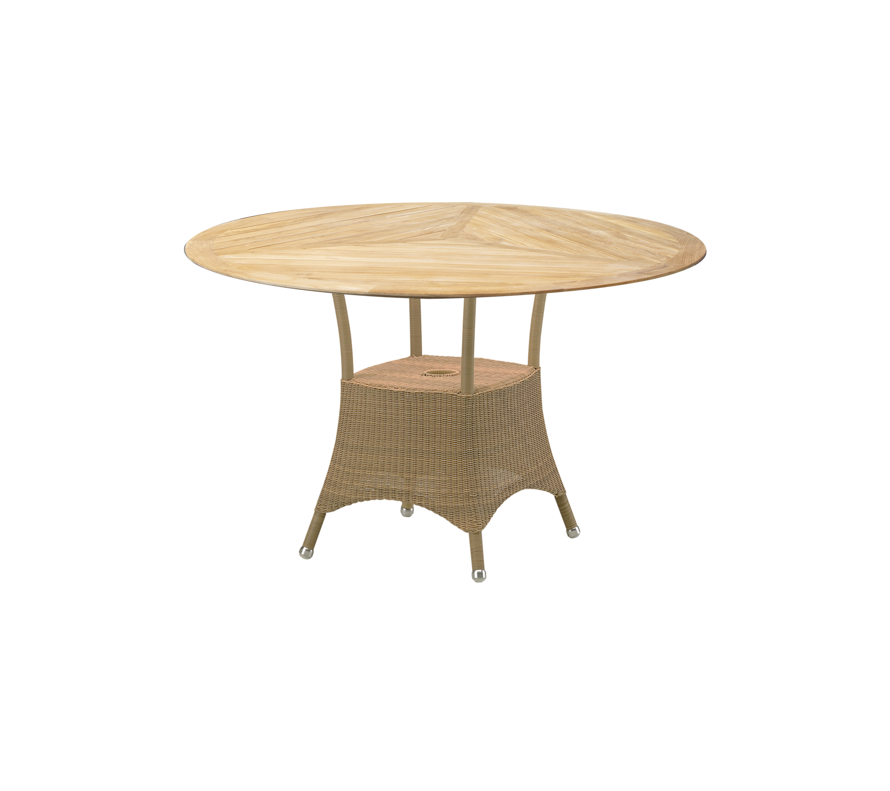 Rundt bord med en treske og et vevd underlag, designet for utendørs underholdning og måltider. Passer til livlige sammenkomster.