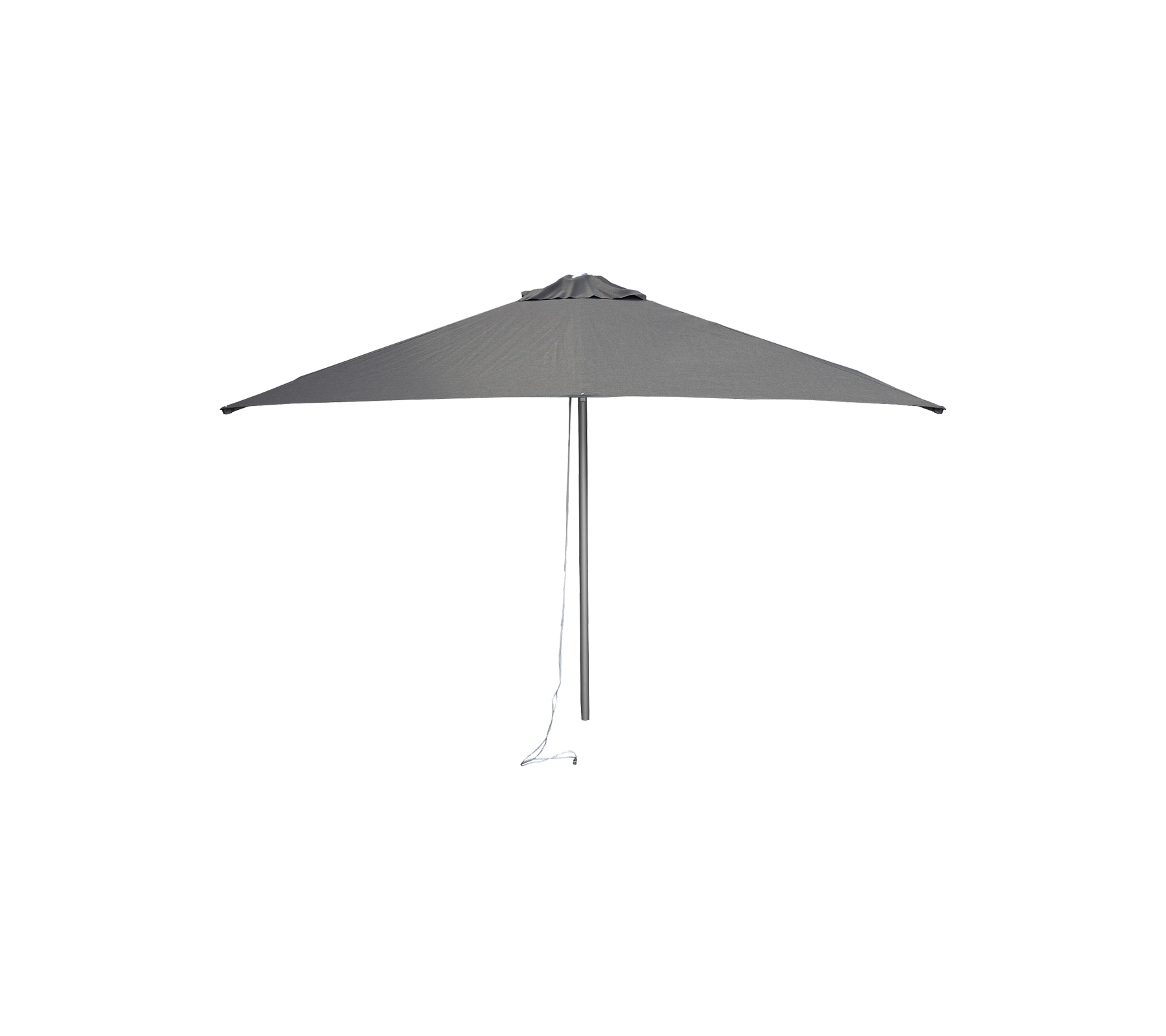 En sleek, grå paraply med et triangel canopy design og en solid støttepol, med en trekksnor for enkel justering.