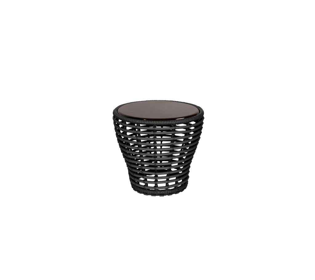 Rundvevd bord med et slankt svart design og en glatt brun topp. Ideell for allsidig dekorativ bruk.
