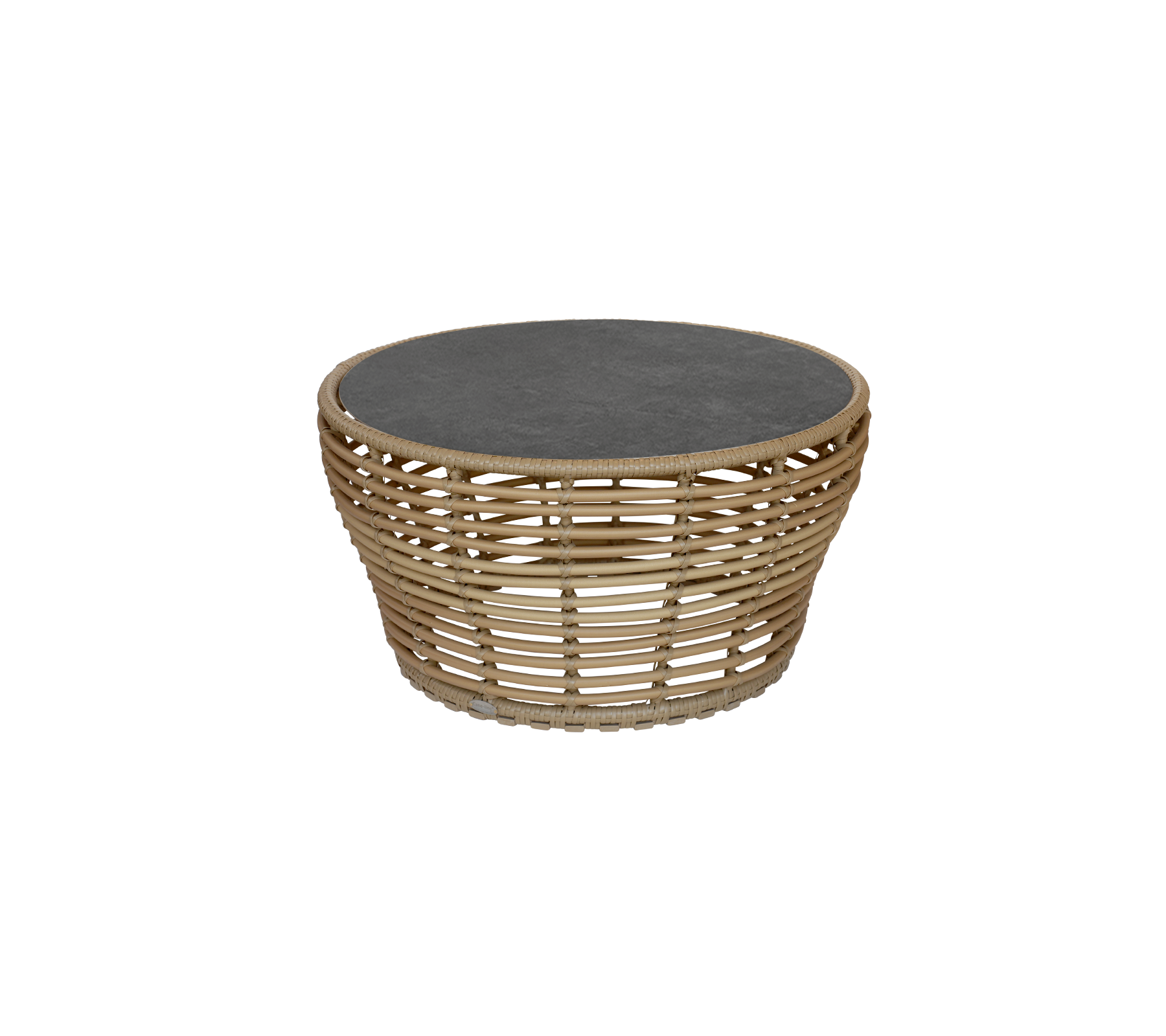 Rundt bord med en mørk topp og en vevd base av naturlig materiale, som gir et moderne preg til ethvert rom.