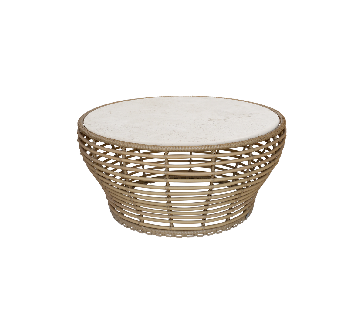 Naturlig sofabord med rund topp og åpen vevd design.
