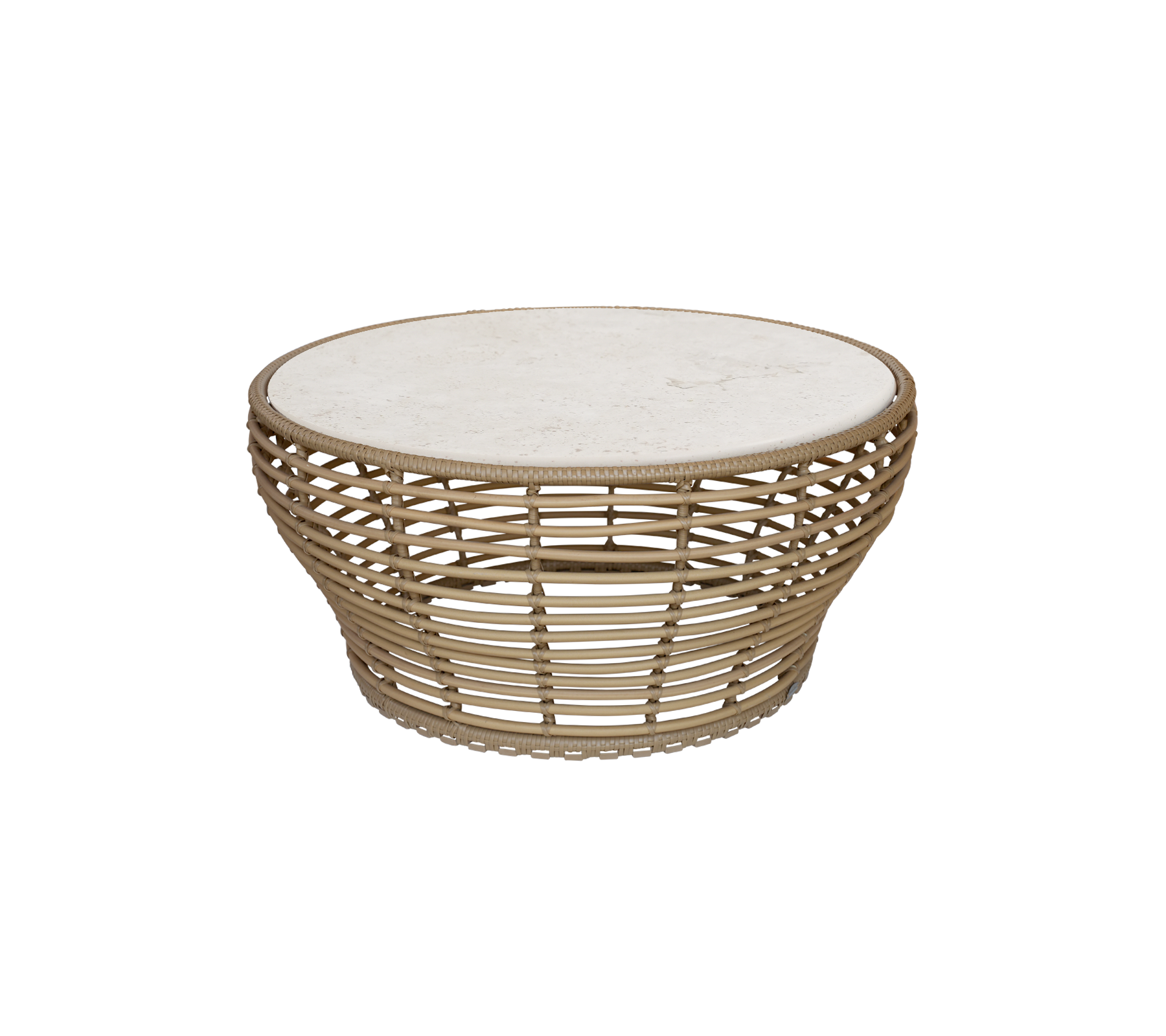 Naturlig sofabord med rund topp og åpen vevd design.