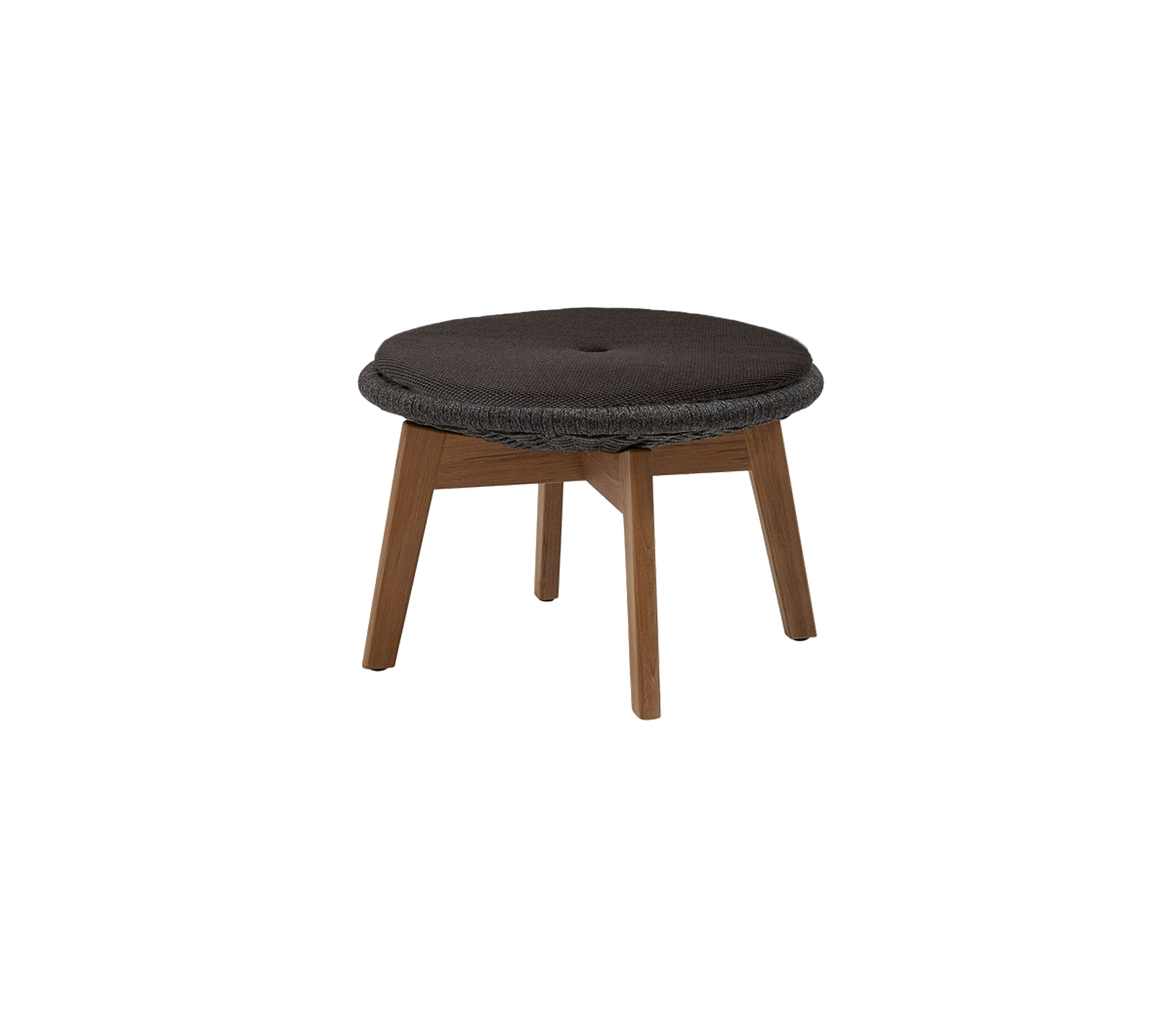 Rund polstret krakk med en mørk overflate og treben, designet for komfort og stil. Ideell for allsidige sitteordninger.