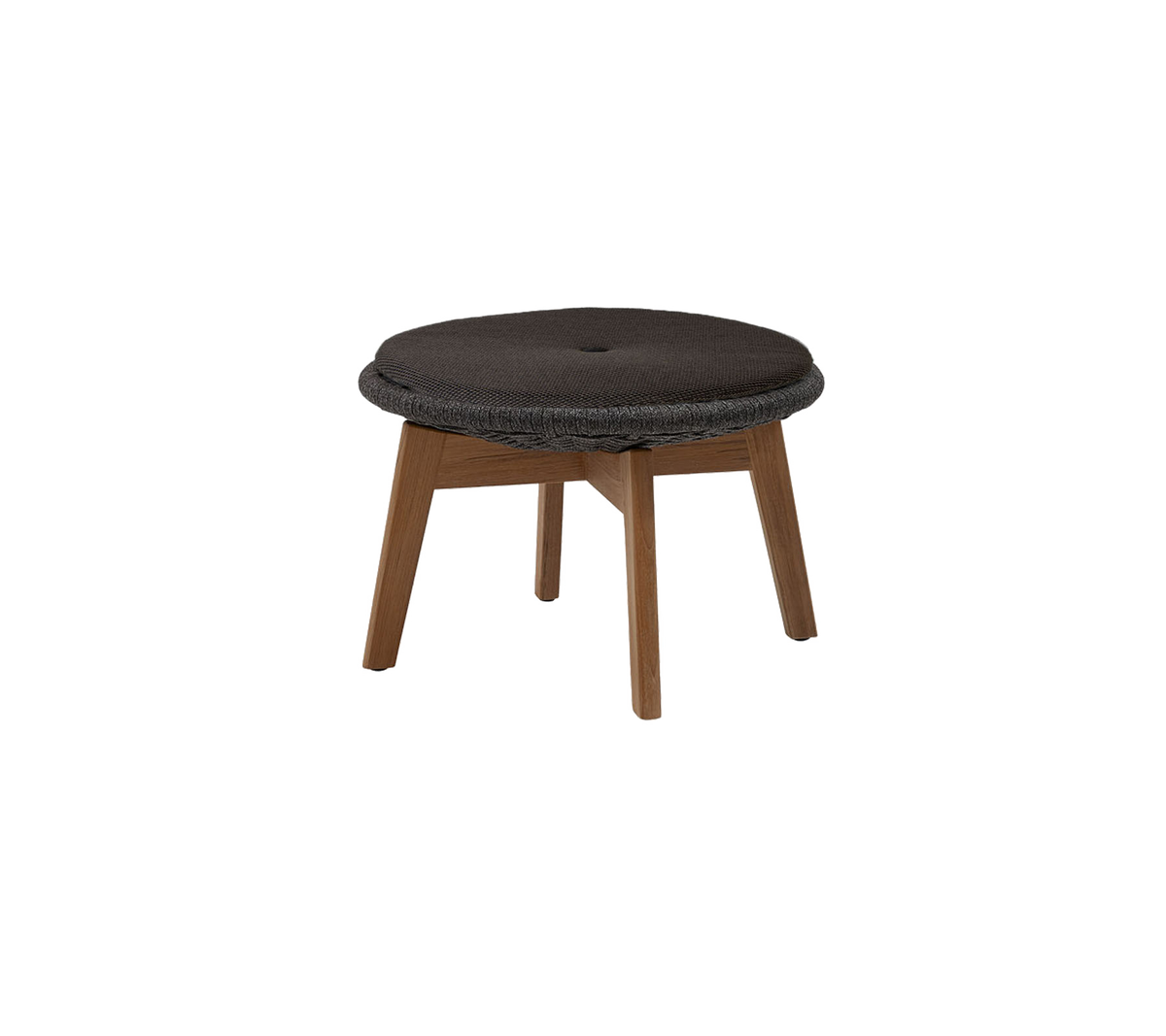 Rund polstret krakk med en mørk overflate og treben, designet for komfort og stil. Ideell for allsidige sitteordninger.