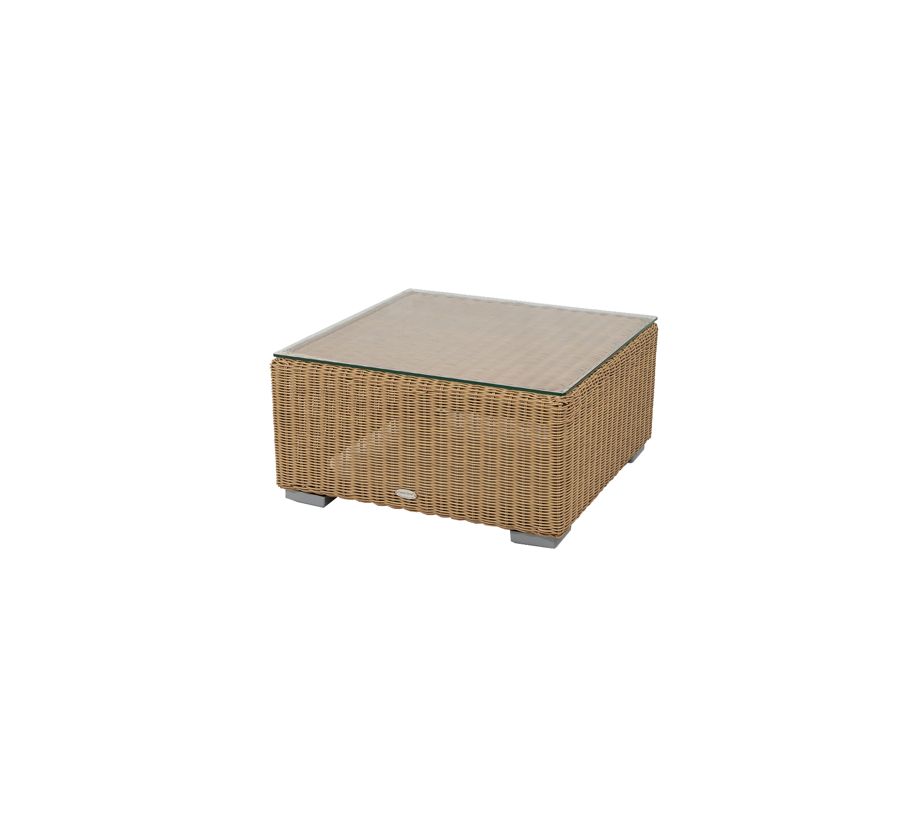 Firkantet kafébord med vevd design og glassplate, ideelt for stilig innredning i ulike settinger.
