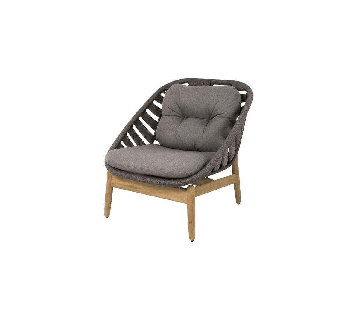 Stilig stol med polstret sete i grått og en trestruktur, med et unikt vevd design for moderne interiør.