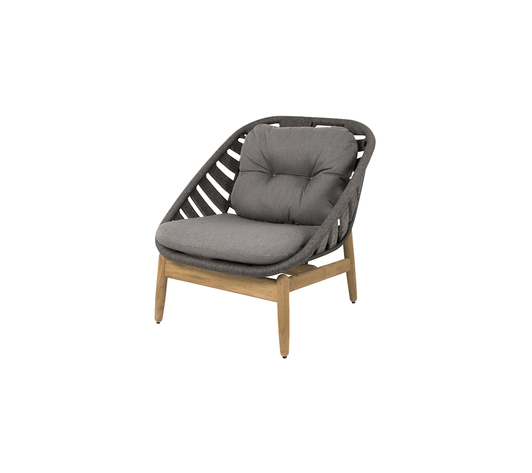 Stilig stol med polstret sete i grått og en trestruktur, med et unikt vevd design for moderne interiør.
