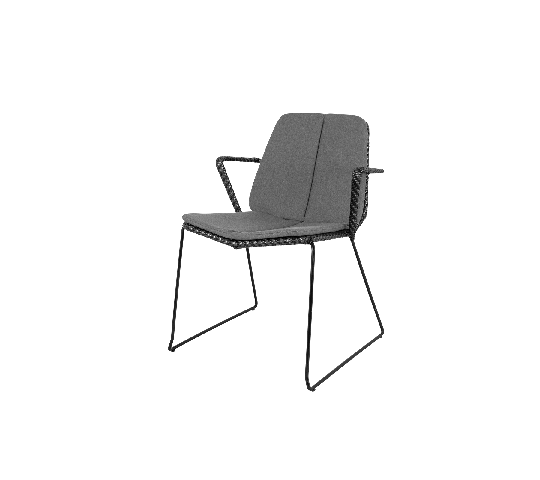 Stilig stol med et slankt design, med en komfortabel sete- og ryggstøtte, støttet av en solid metallramme.