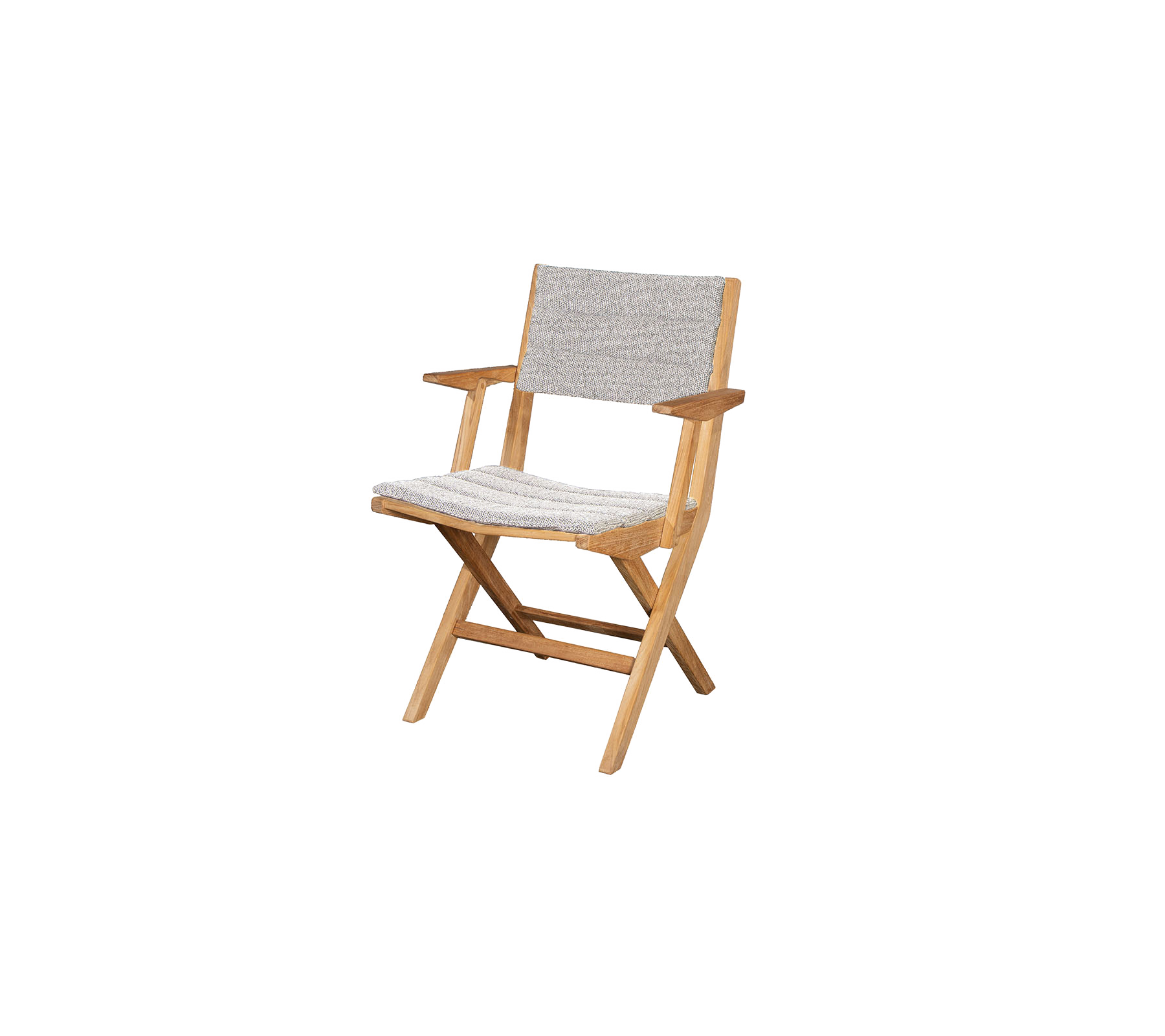 Sammenleggbar stol i tre med et lett stoffsete og rygg, med enkle armlener og minimalistisk design. Ideell for ulike settinger.