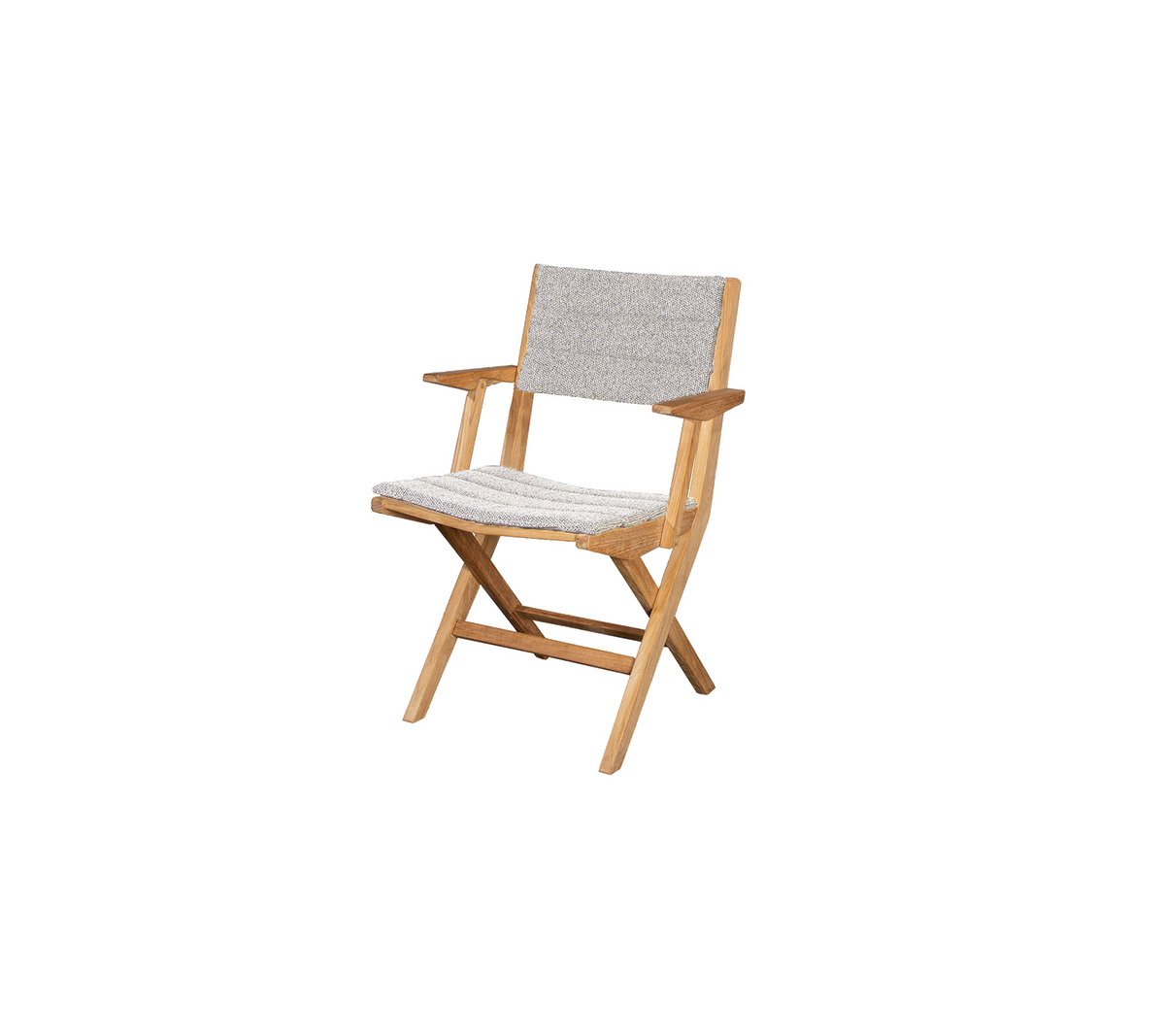 Sammenleggbar stol i tre med et lett stoffsete og rygg, med enkle armlener og minimalistisk design. Ideell for ulike settinger.