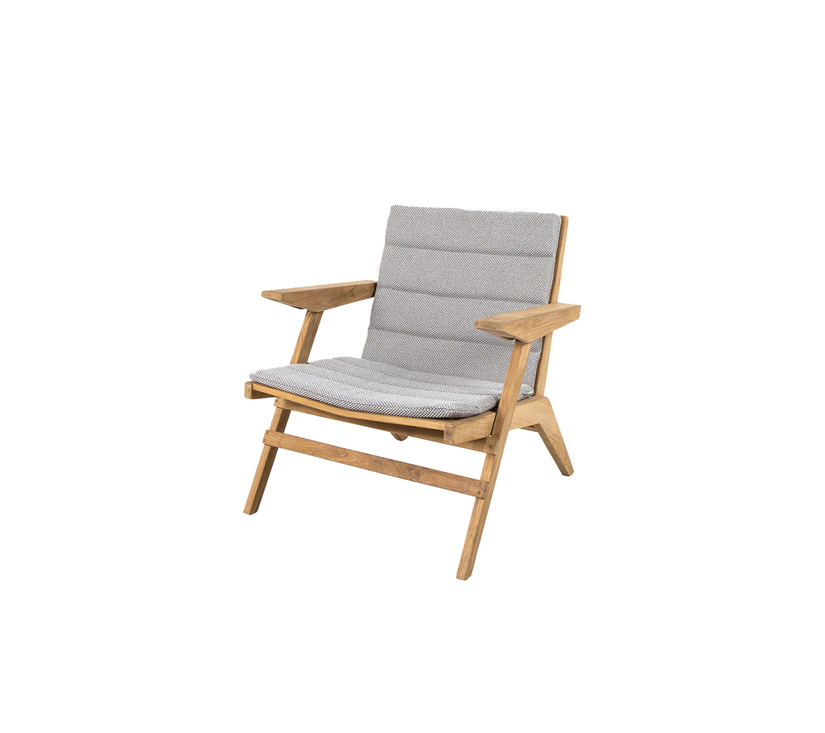 Stilig lounge stol med trekramme og myke grå puter, designet for komfort og moderne estetikk.