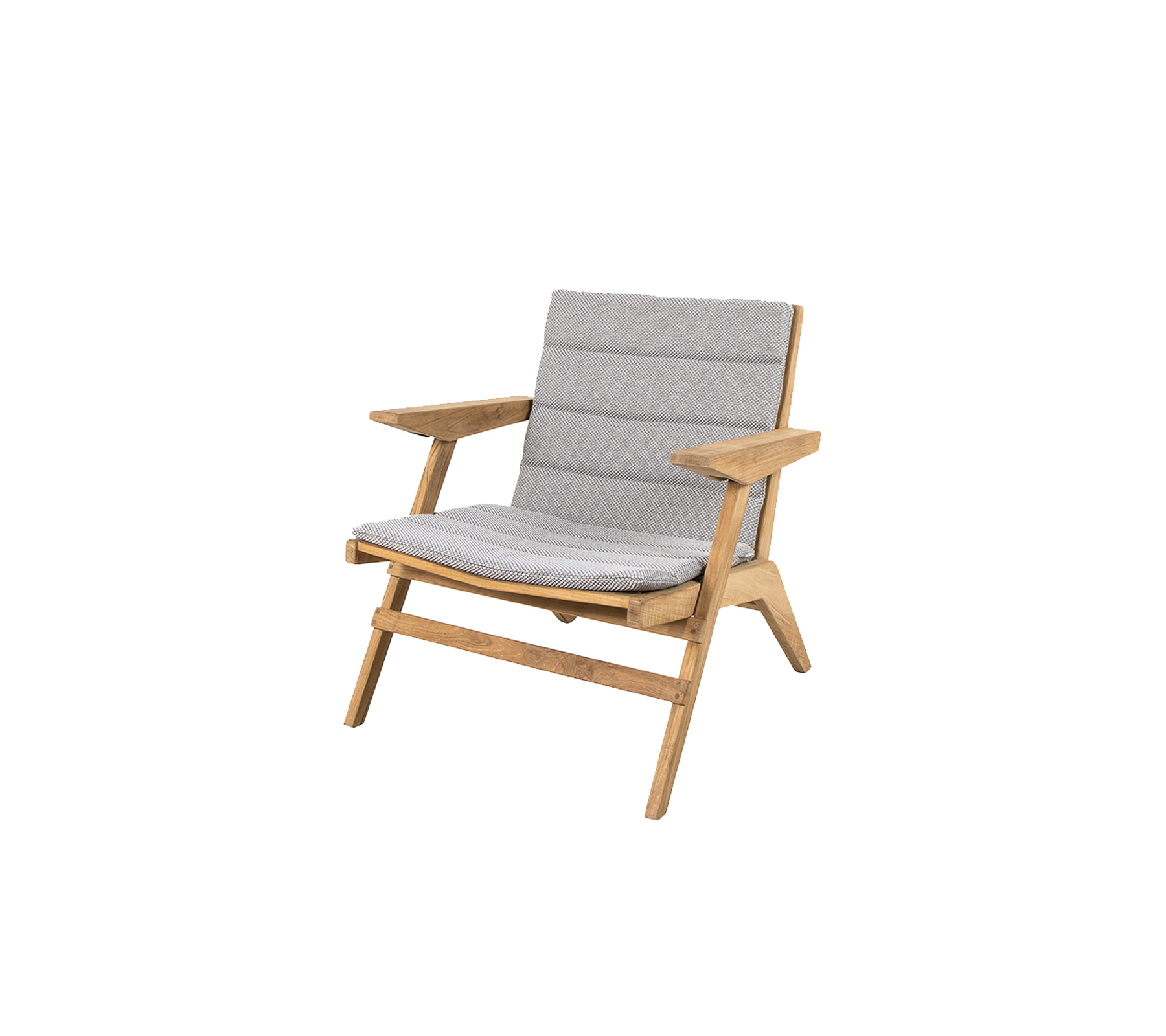 Stilig lounge stol med trekramme og myke grå puter, designet for komfort og moderne estetikk.