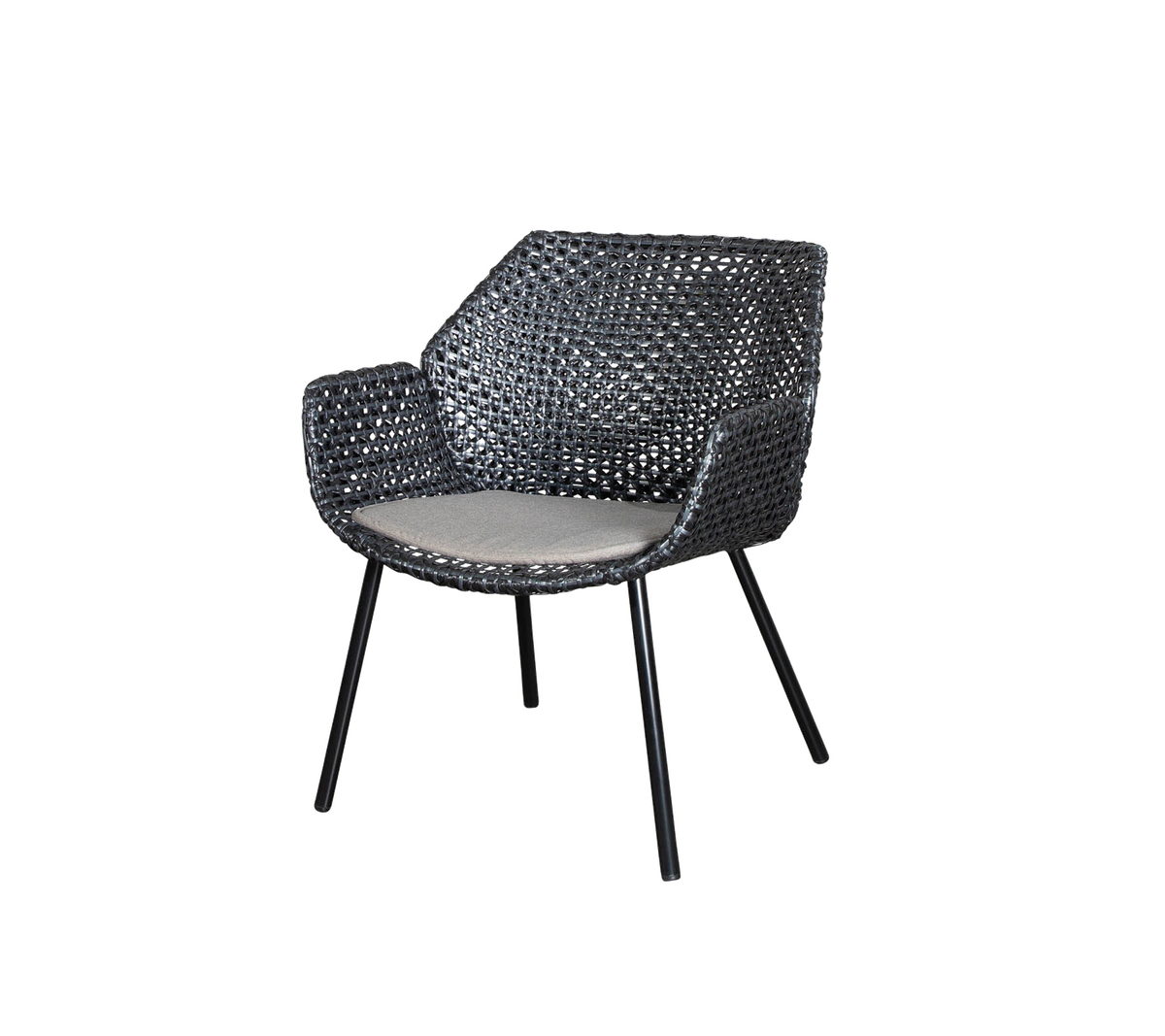 Stilig vevd lenestol med polstret sete, med slanke metallben og moderne design, perfekt for moderne omgivelser.