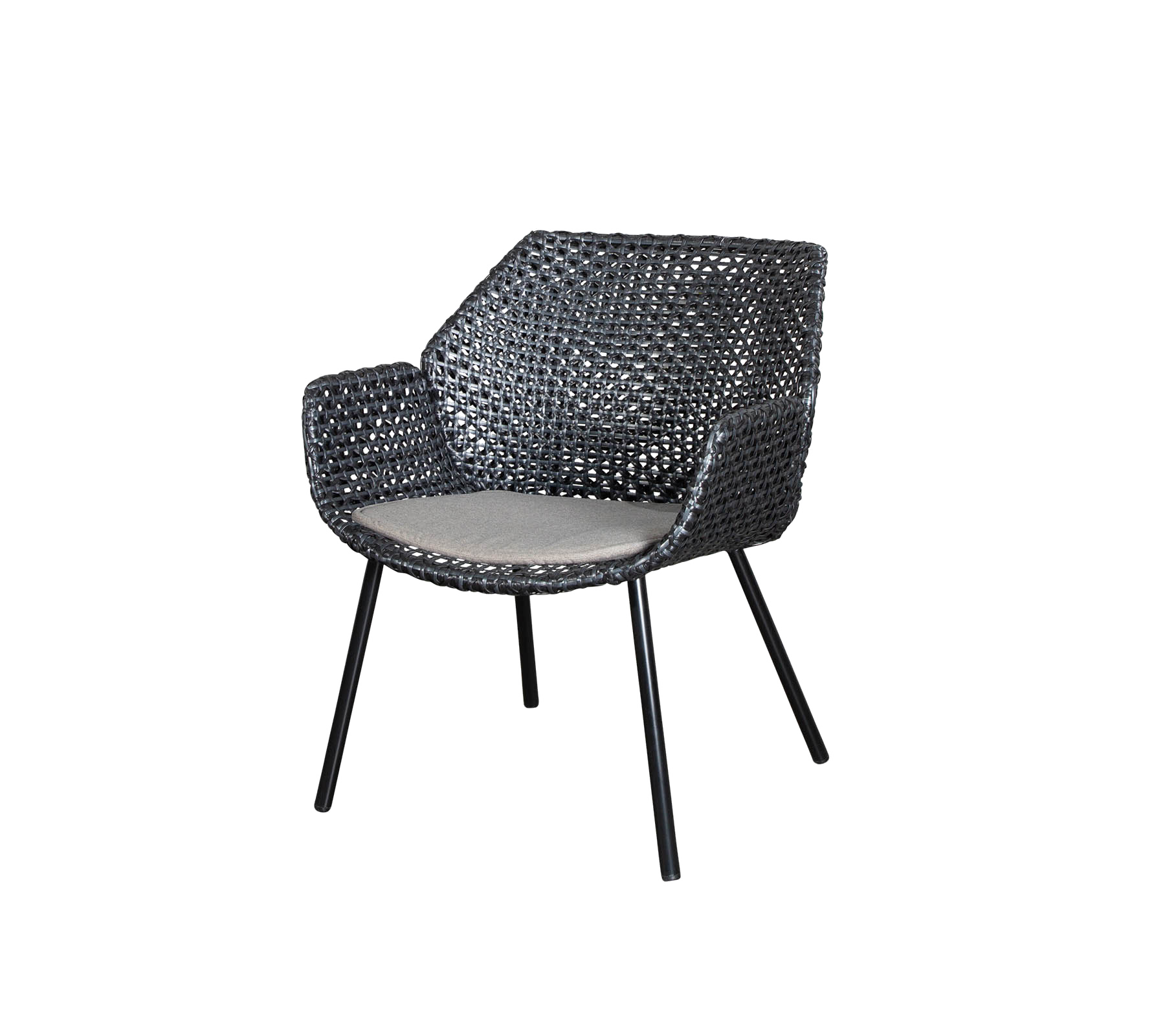 Stilig vevd lenestol med polstret sete, med slanke metallben og moderne design, perfekt for moderne omgivelser.