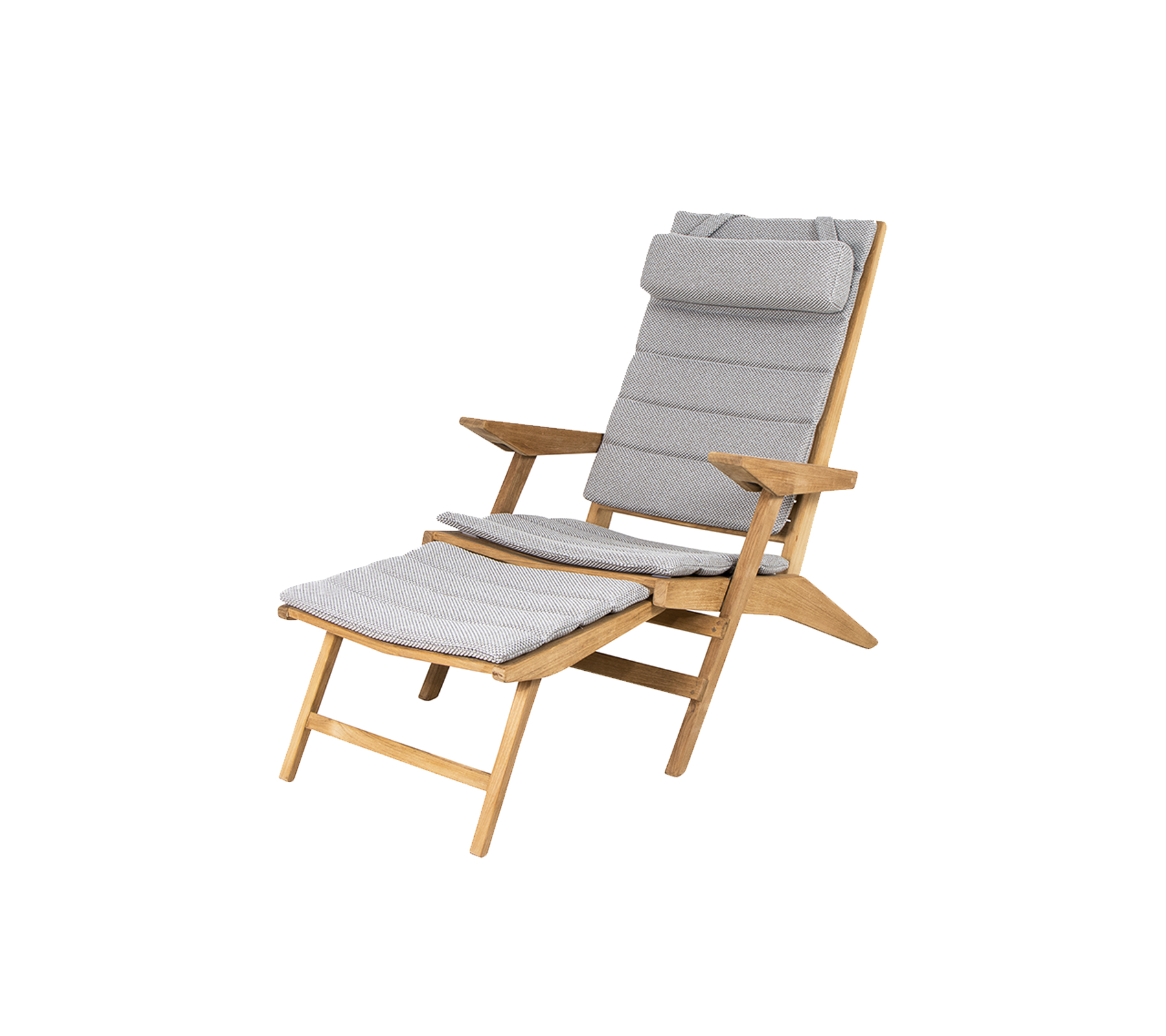 En komfortabel tresul med grå polstret sete og ryggstøtte, med et vippedesign og en matchende fotstøtte.