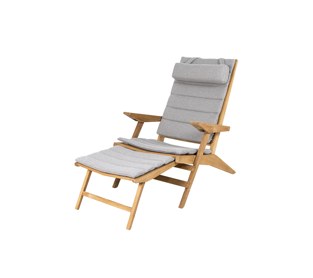En komfortabel tresul med grå polstret sete og ryggstøtte, med et vippedesign og en matchende fotstøtte.