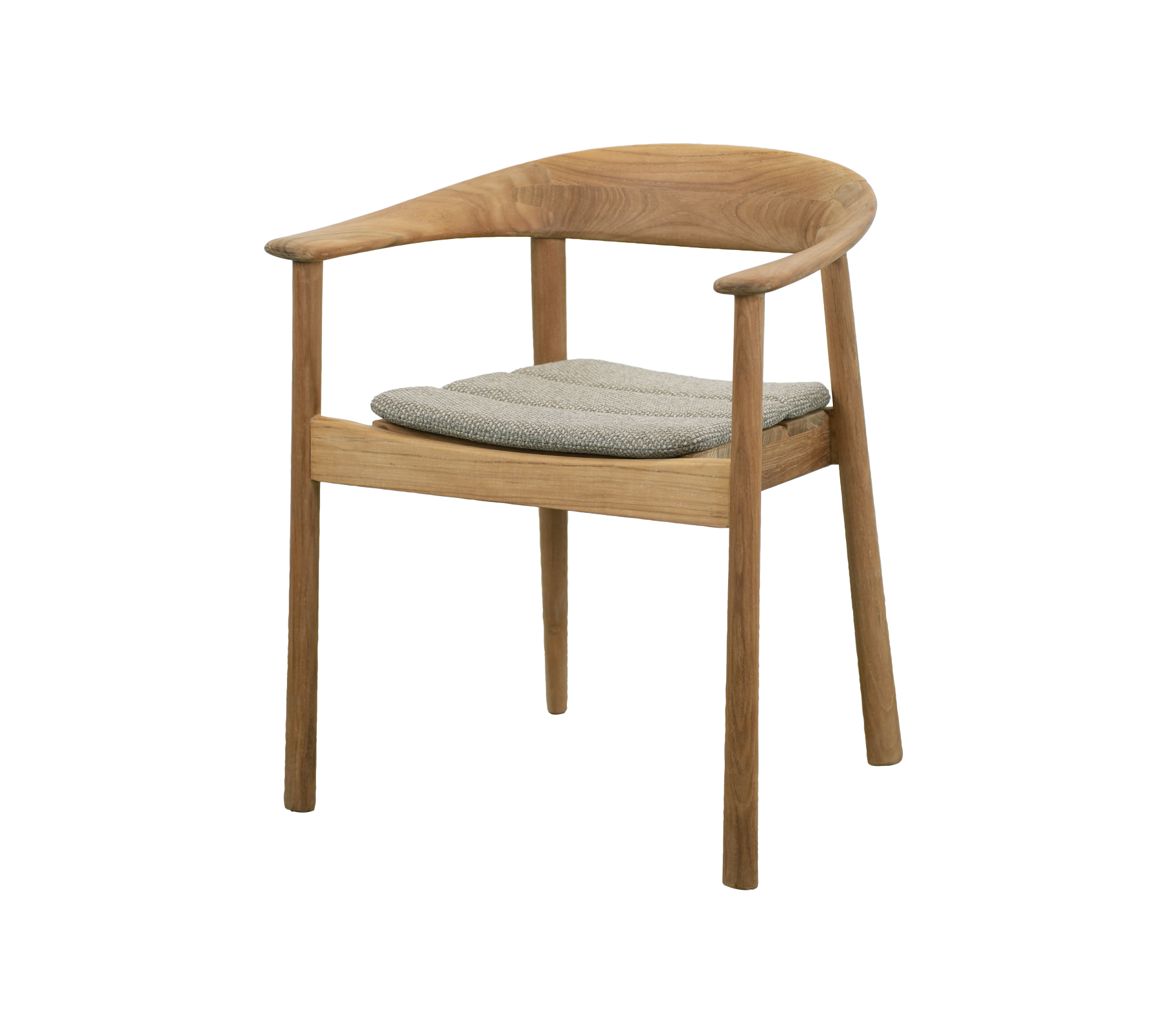 Teak stol med grå pute i moderne design.