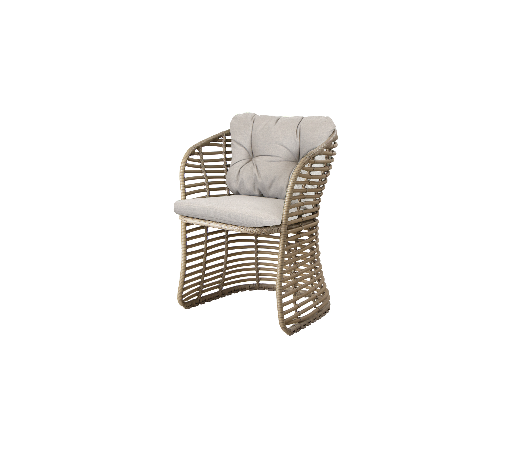 Stilig vevd stol med polstret sete og ryggstøtte i en nøytral farge, perfekt for moderne sitteopplegg.