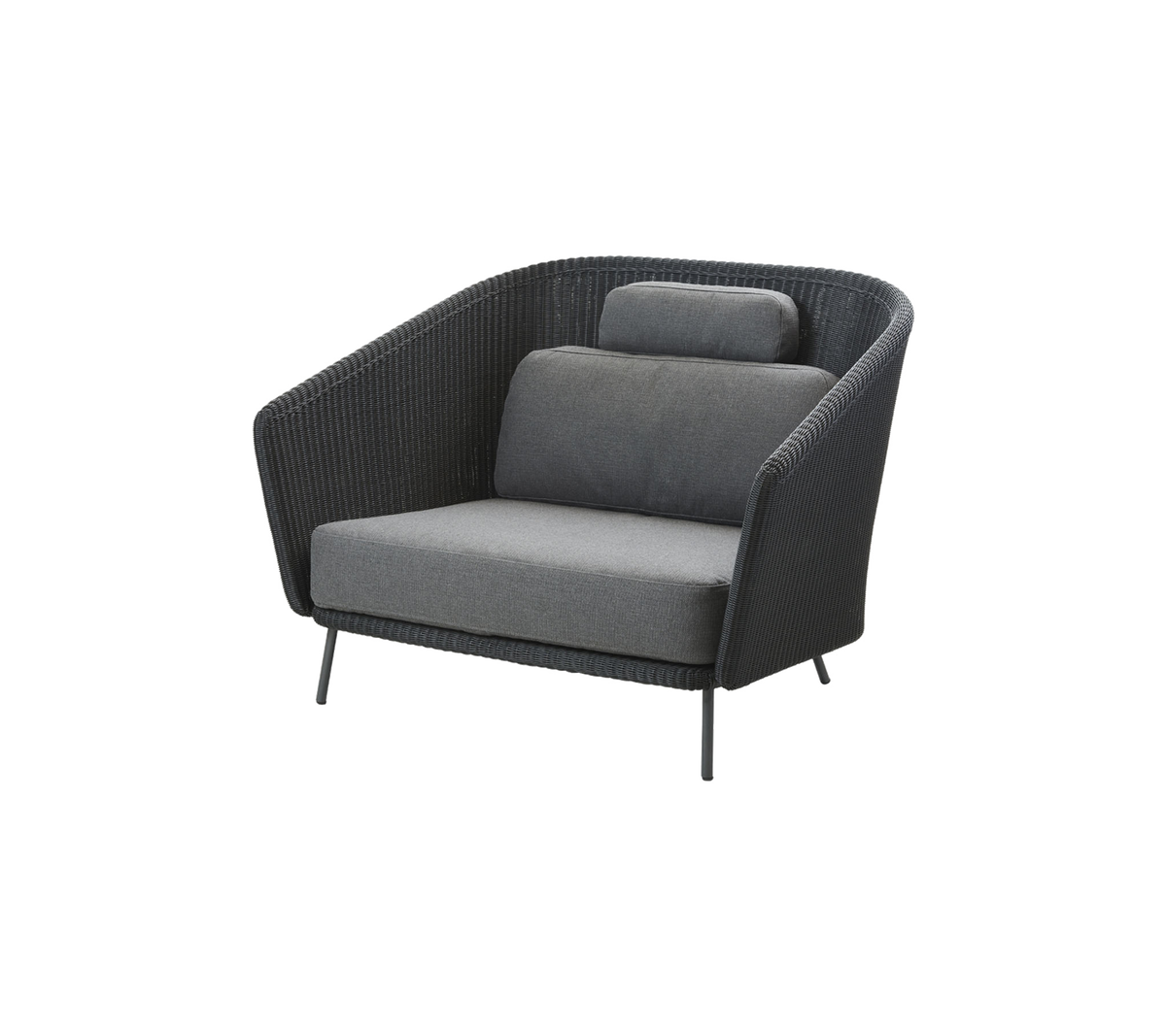 Stilig moderne lenestol med buet design, mørk kurvramme og myke grå puter for komfort.