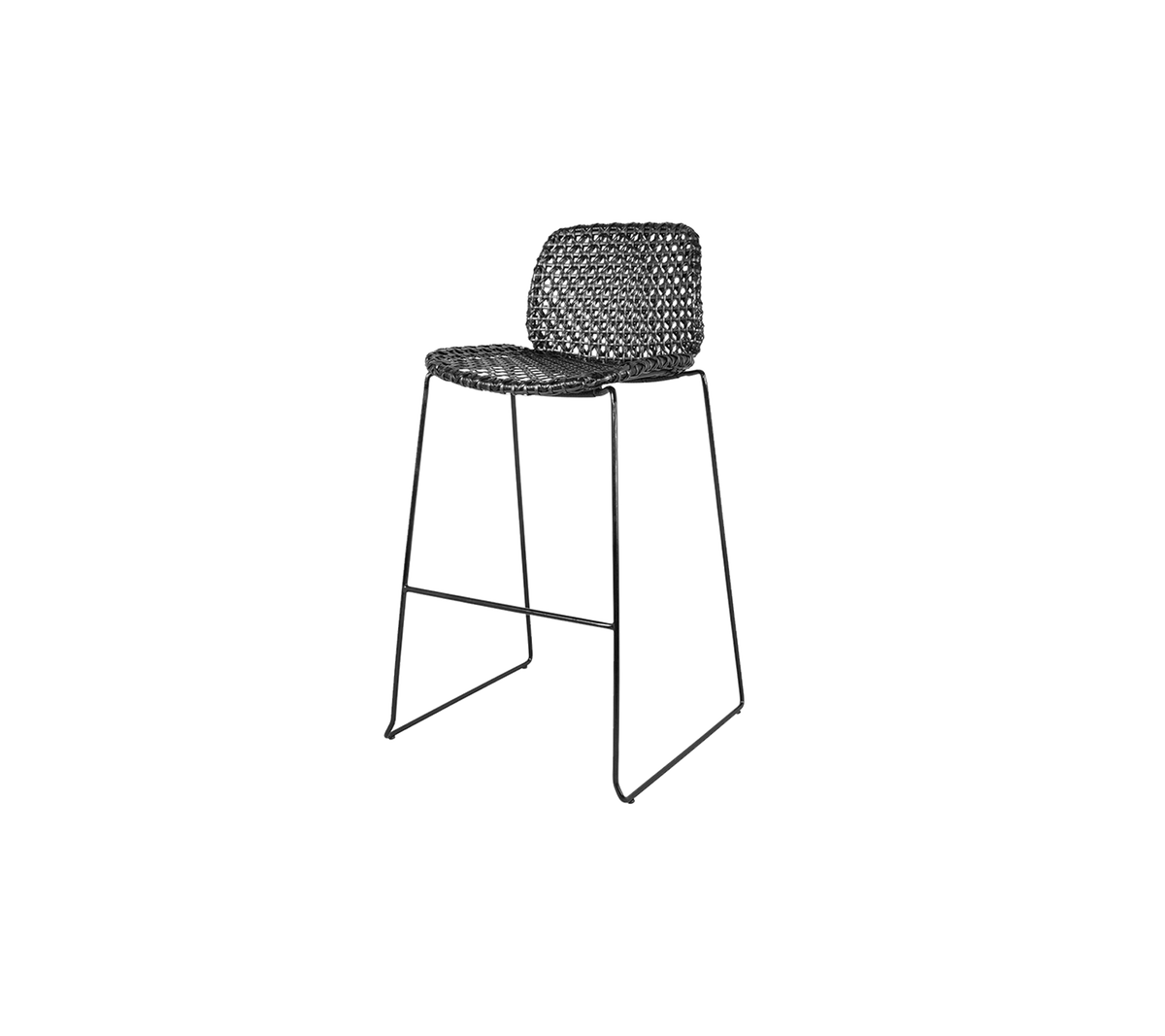 Stilig høy stol med vevd sete og en slank metallramme, perfekt for å tilføre moderne eleganse til ethvert rom.
